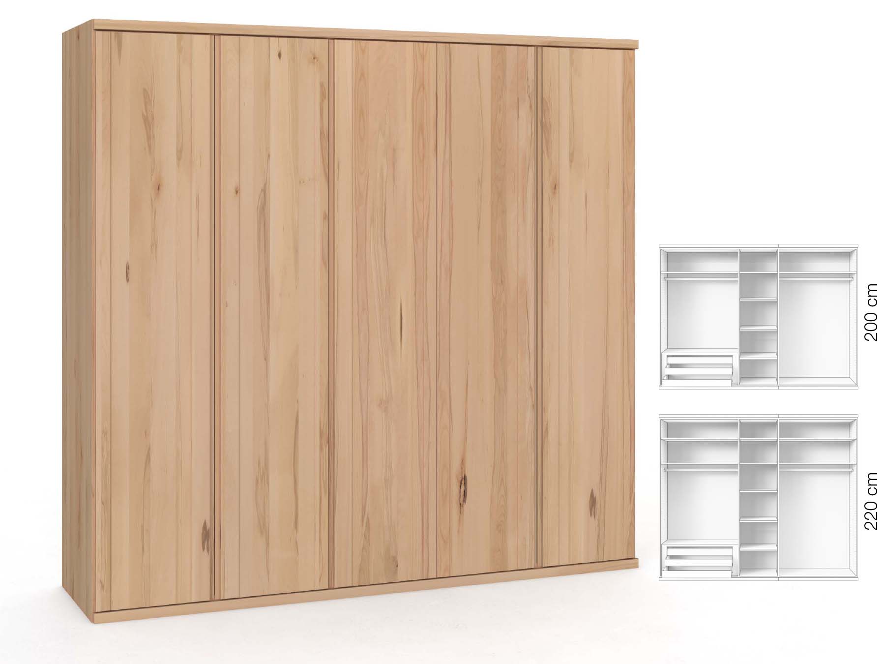 Buchenschrank „Egon“, 5-türig, Höhe 220 cm, Griffausführung „Patrizia“, Inneneinrichtung: C