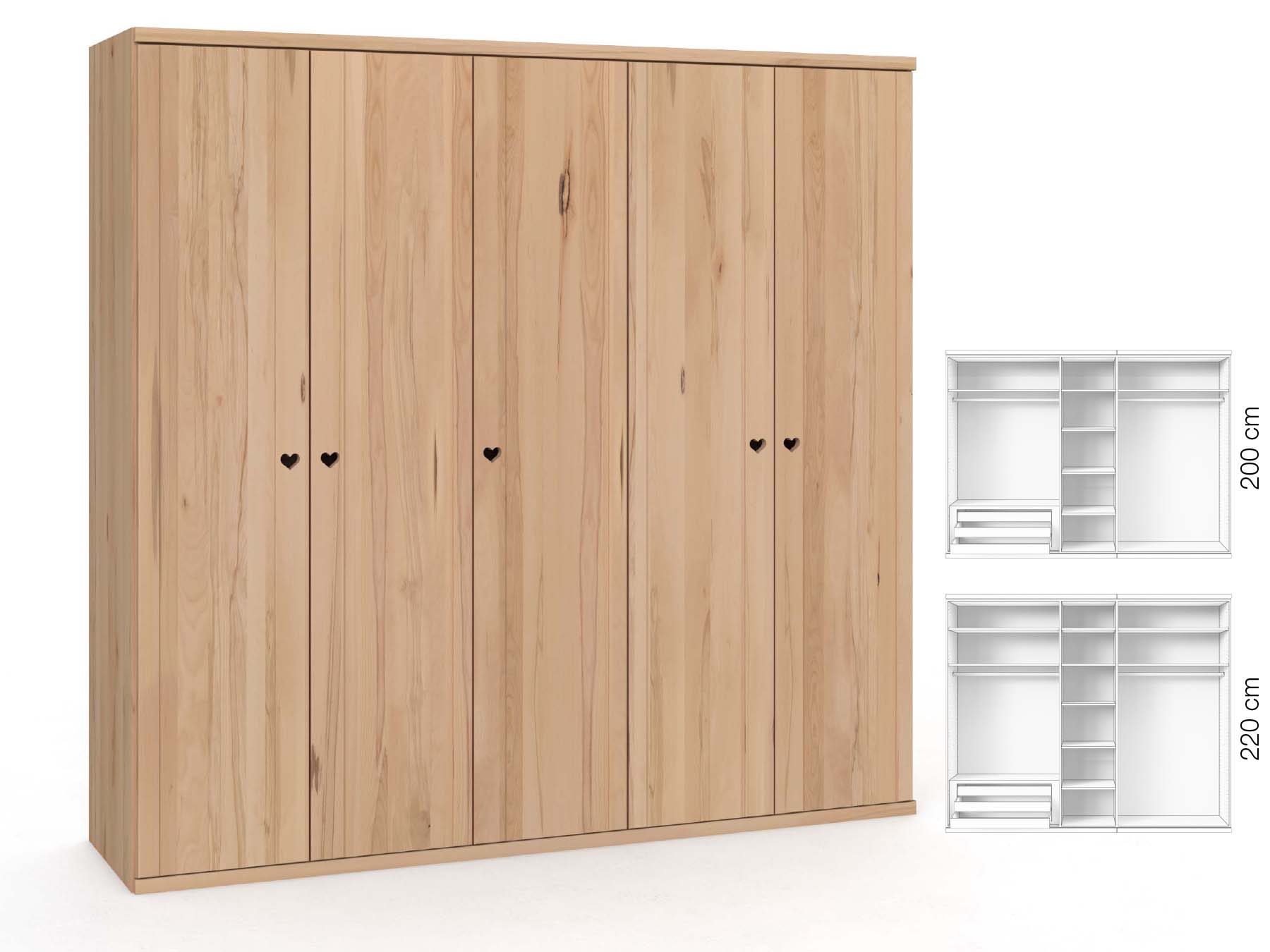 Buchenschrank „Egon“, 5-türig, Höhe 220 cm, Griffausführung „Heidi“, Inneneinrichtung: C