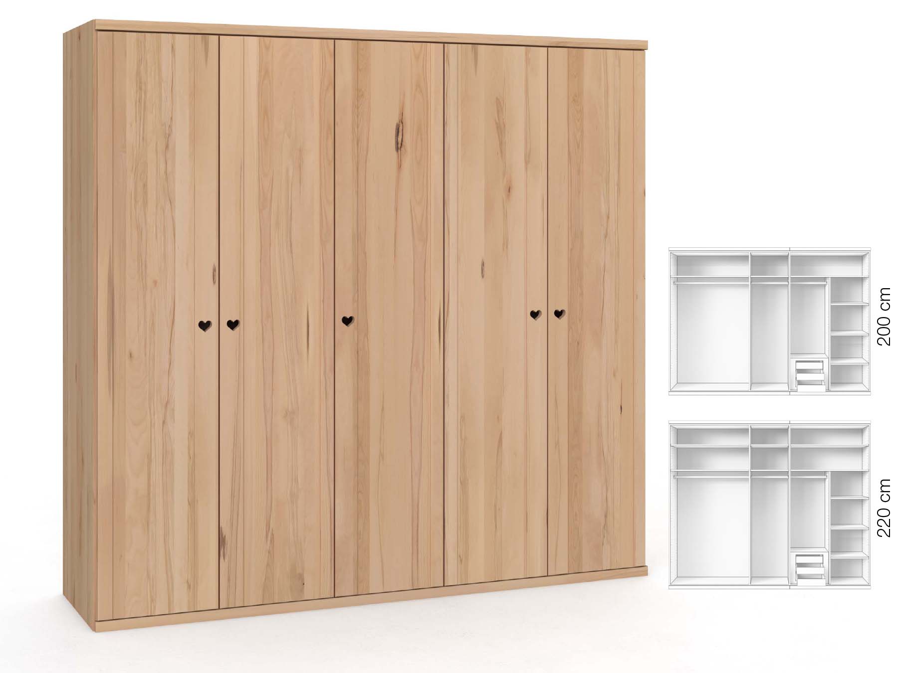Buchenschrank „Egon“, 5-türig, Höhe 220 cm, Griffausführung „Heidi“, Inneneinrichtung: D