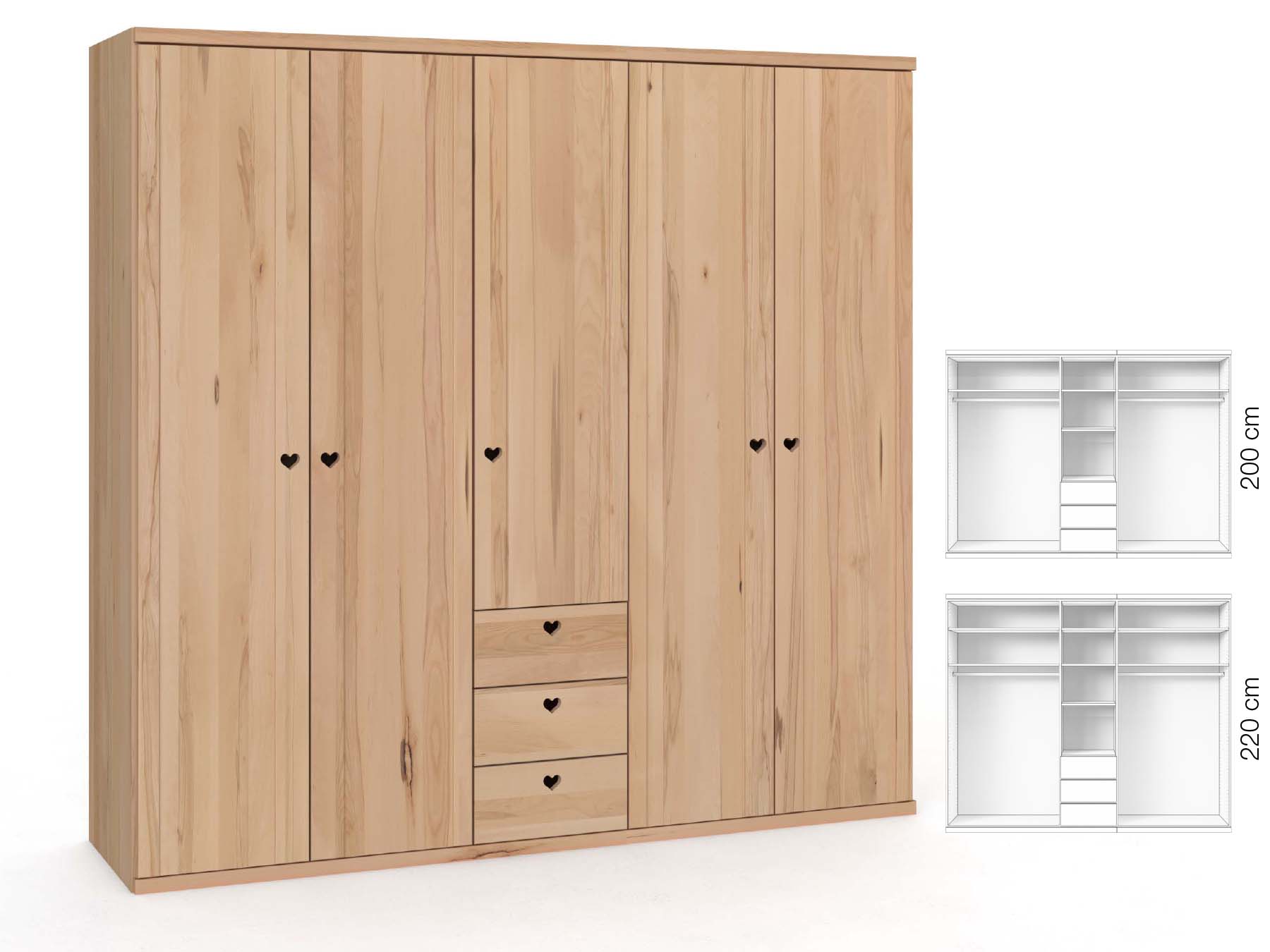 Buchenschrank „Egon“, 5-türig, Höhe 220 cm, Griffausführung „Heidi“, Inneneinrichtung: E