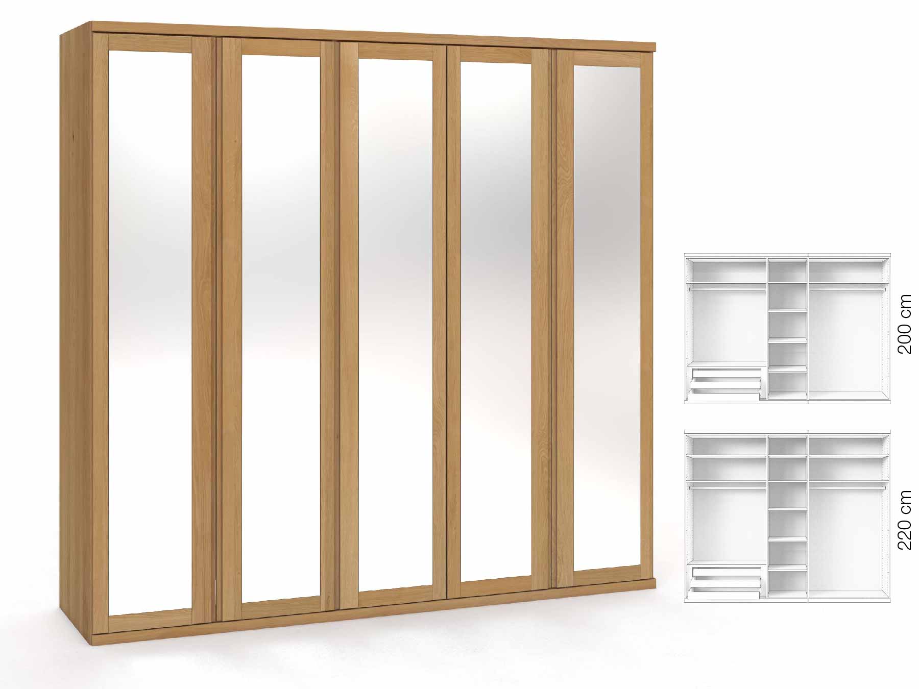 Eichenschrank Hell „Sandra“, 5-türig, Höhe 220 cm, Griffausführung „Patrizia“, Inneneinrichtung: C