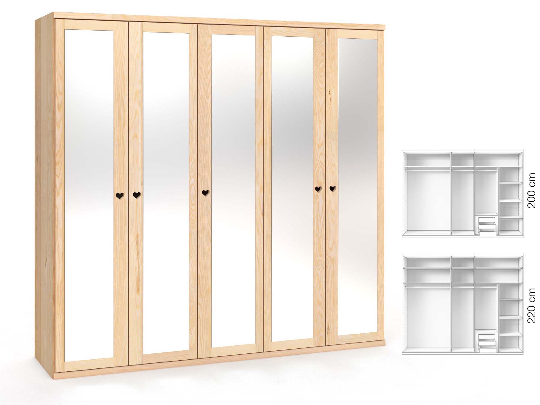 Eschenschrank „Sandra“, 5-türig, Höhe 220 cm, Griffausführung „Heidi“, Inneneinrichtung: D
