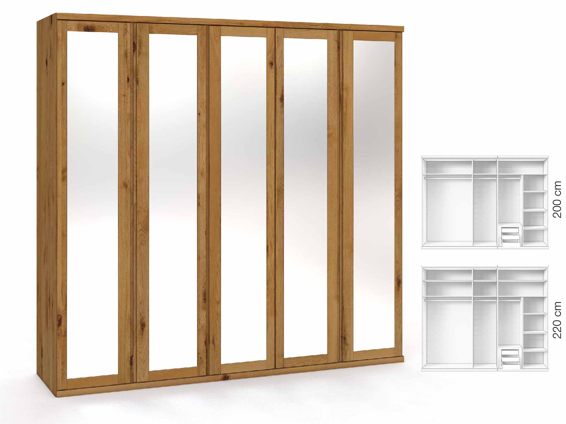 Wildeichenschrank „Sandra“, 5-türig, Höhe 220 cm, Griffausführung „Patrizia“, Inneneinrichtung: D