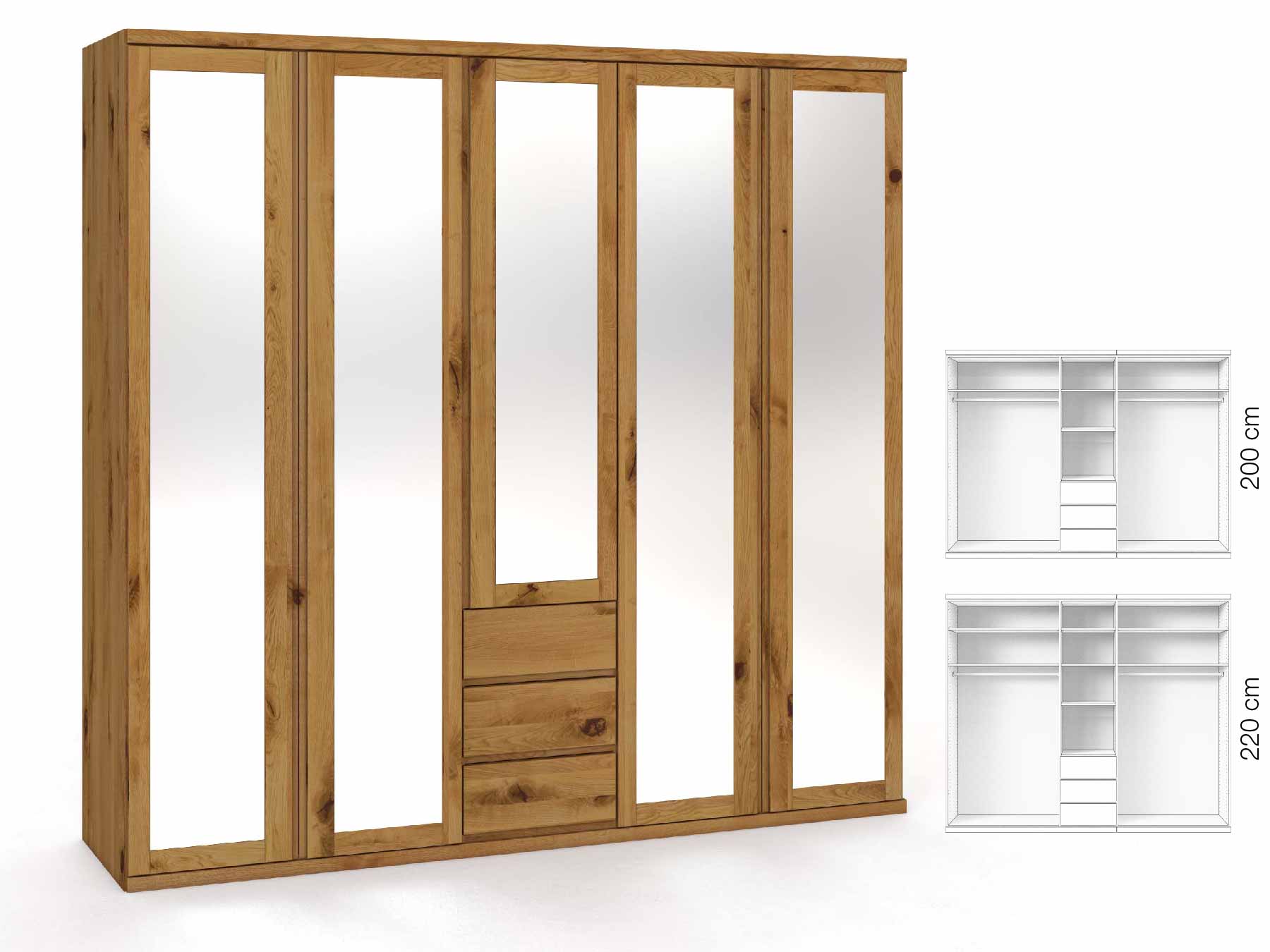 Wildeichenschrank „Sandra“, 5-türig, Höhe 220 cm, Griffausführung „Patrizia“, Inneneinrichtung: E