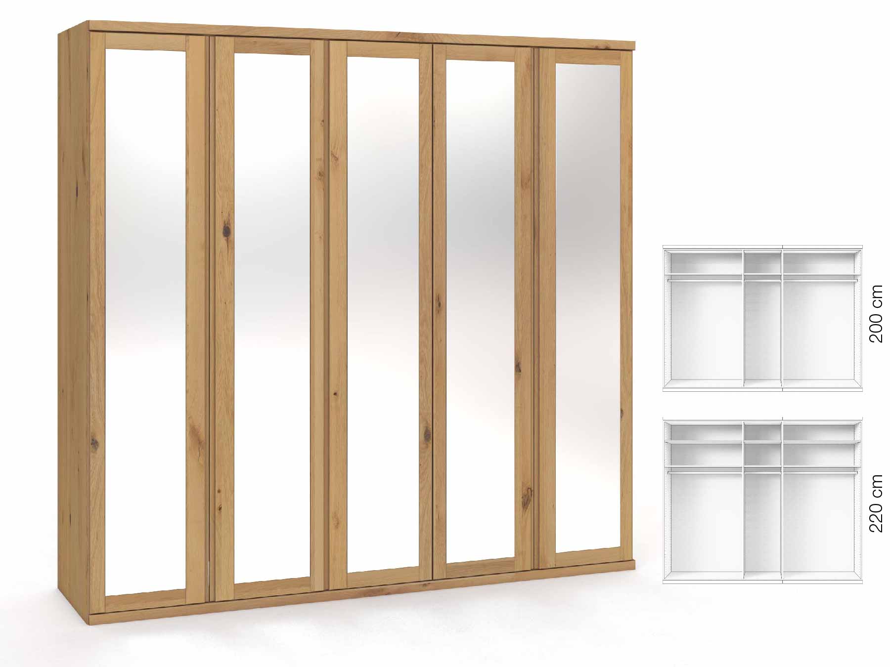 Wildeichenschrank Hell „Sandra“, 5-türig, Höhe 220 cm, Griffausführung „Patrizia“, Inneneinrichtung: A