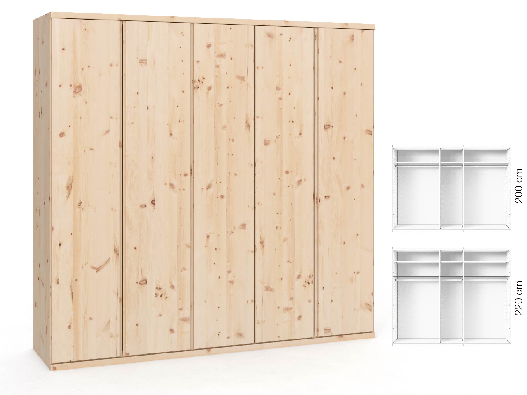 Zirbenschrank „Romana“, 5-türig, Höhe 220 ​cm, Griffausführung „Patrizia“, Inneneinrichtung: A