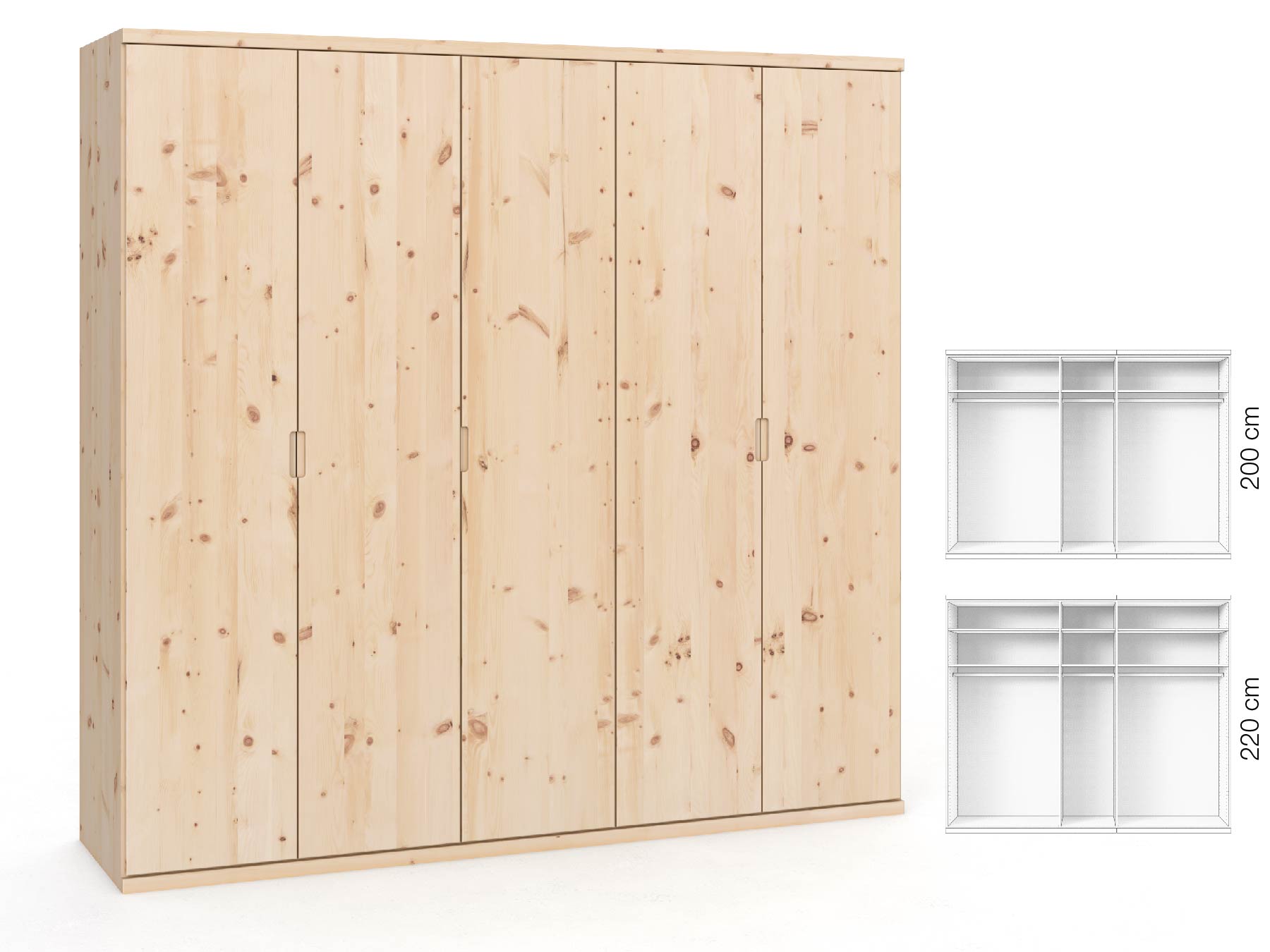Zirbenschrank „Romana“, 5-türig, Höhe 220 ​cm, Griffausführung „Lukas“, Inneneinrichtung: A
