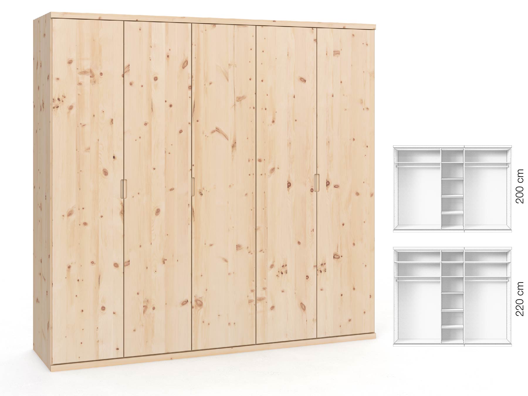 Zirbenschrank „Romana“, 5-türig, Höhe 220 ​cm, Griffausführung „Lukas“, Inneneinrichtung: B
