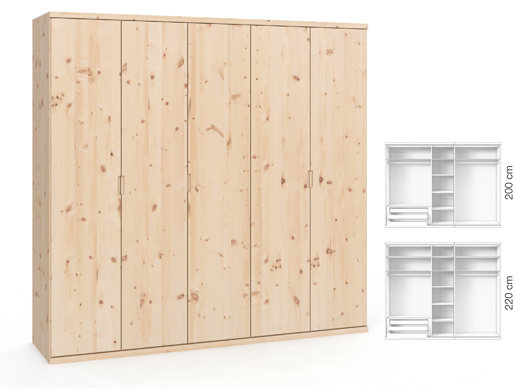 Zirbenschrank „Romana“, 5-türig, Höhe 220 ​cm, Griffausführung „Lukas“, Inneneinrichtung: C