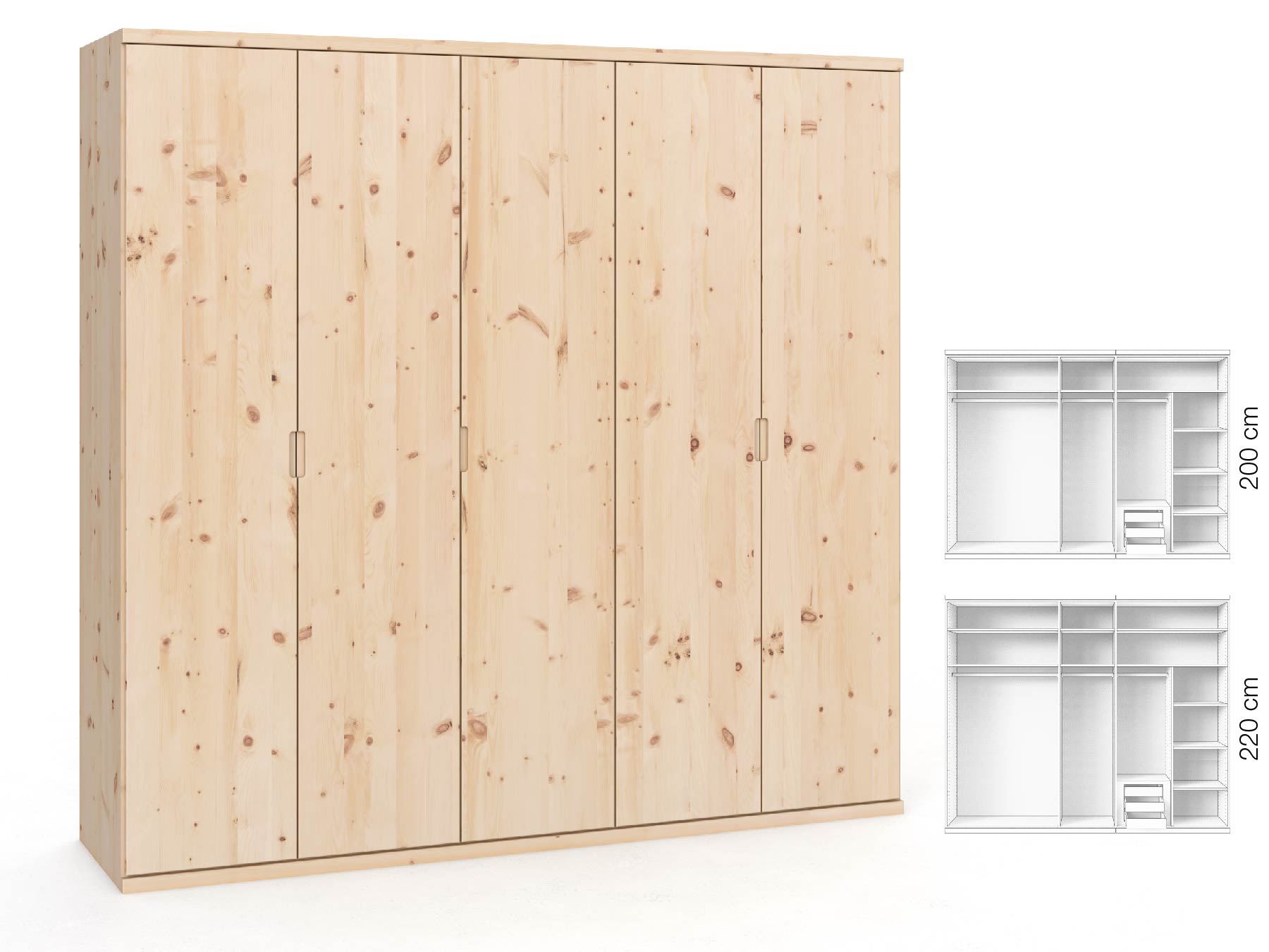 Zirbenschrank „Romana“, 5-türig, Höhe 220 ​cm, Griffausführung „Lukas“, Inneneinrichtung: D