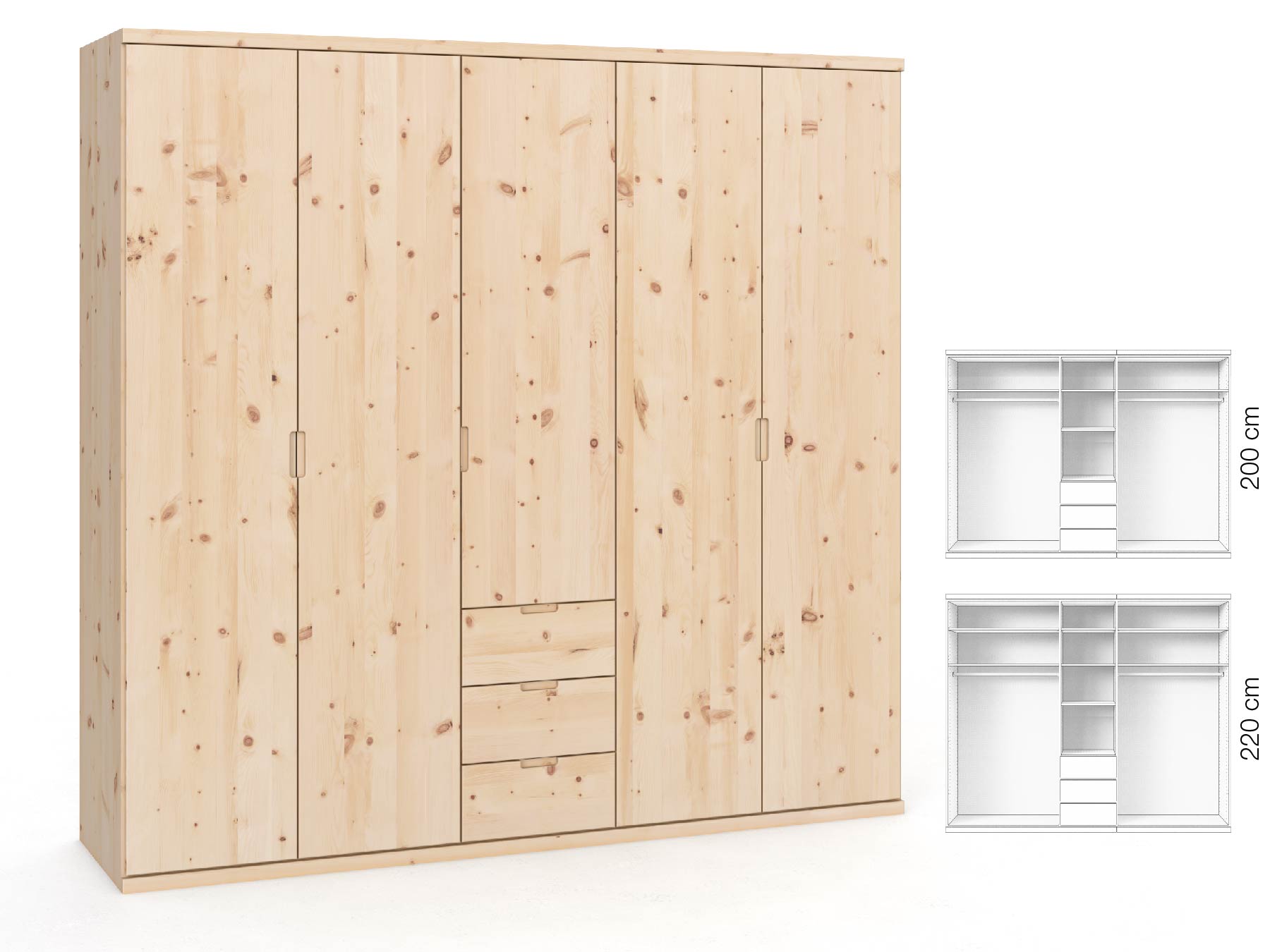 Zirbenschrank „Romana“, 5-türig, Höhe 220 ​cm, Griffausführung „Lukas“, Inneneinrichtung: E