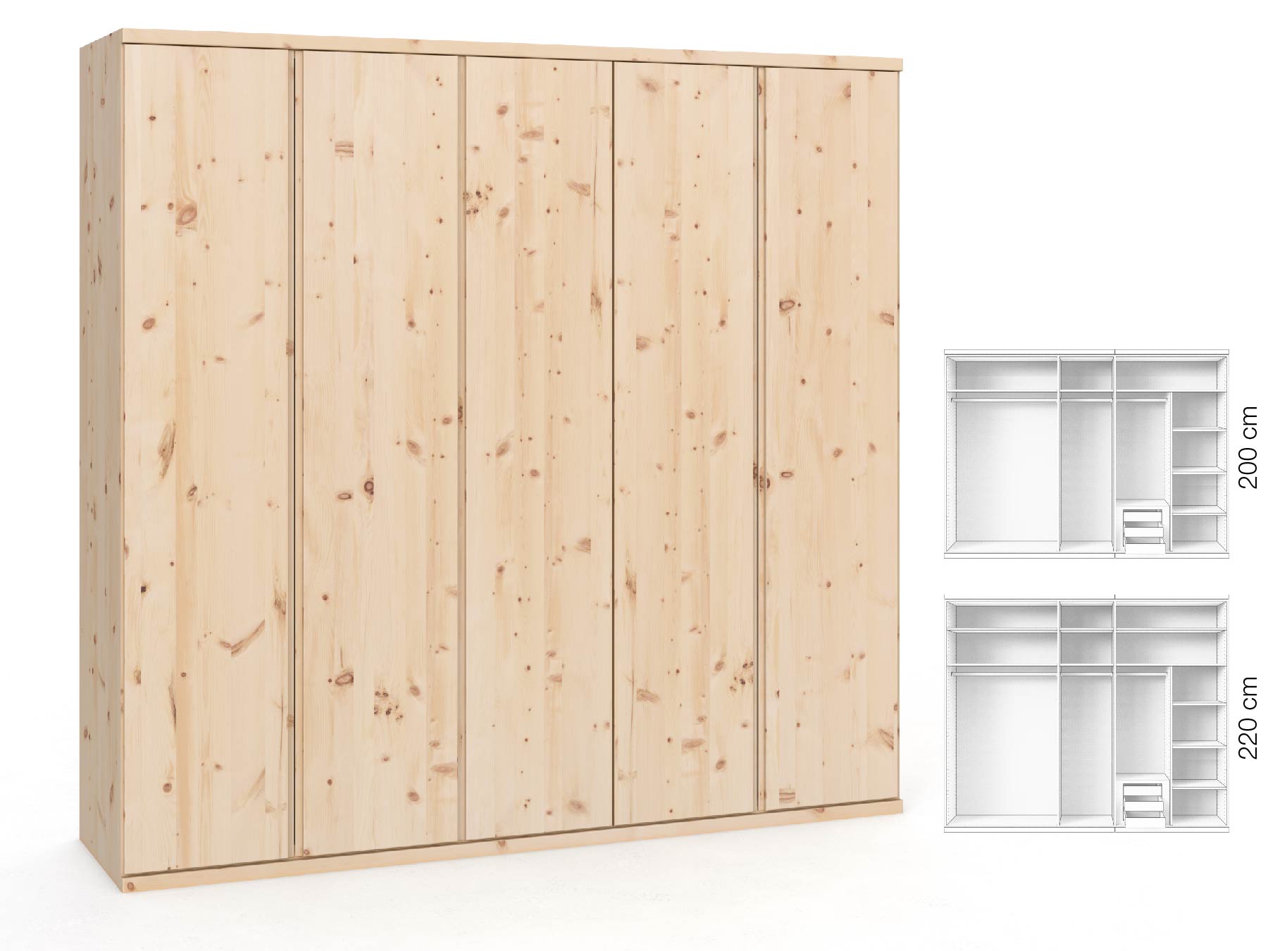 Zirbenschrank „Romana“, 5-türig, Höhe 220 ​cm, Griffausführung „Patrizia“, Inneneinrichtung: D