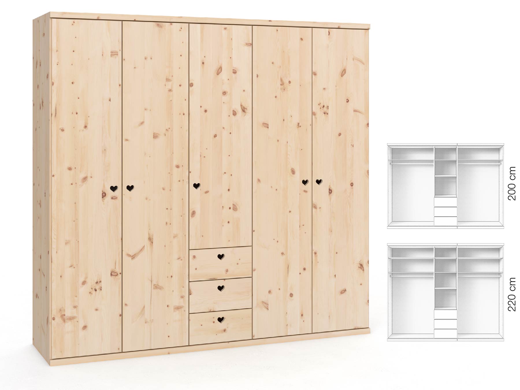 Zirbenschrank „Romana“, 5-türig, Höhe 220 ​cm, Griffausführung „Heidi“, Inneneinrichtung: E