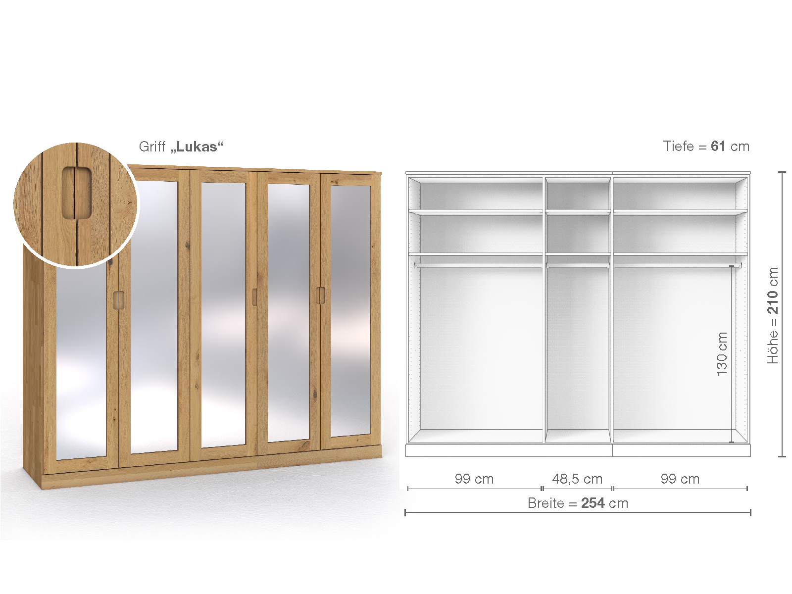 Schrank „Alpenrose“ aus Wildeiche Hell, 5-türig, Höhe 210 cm, Griffausführung „Lukas“, Inneneinrichtung A