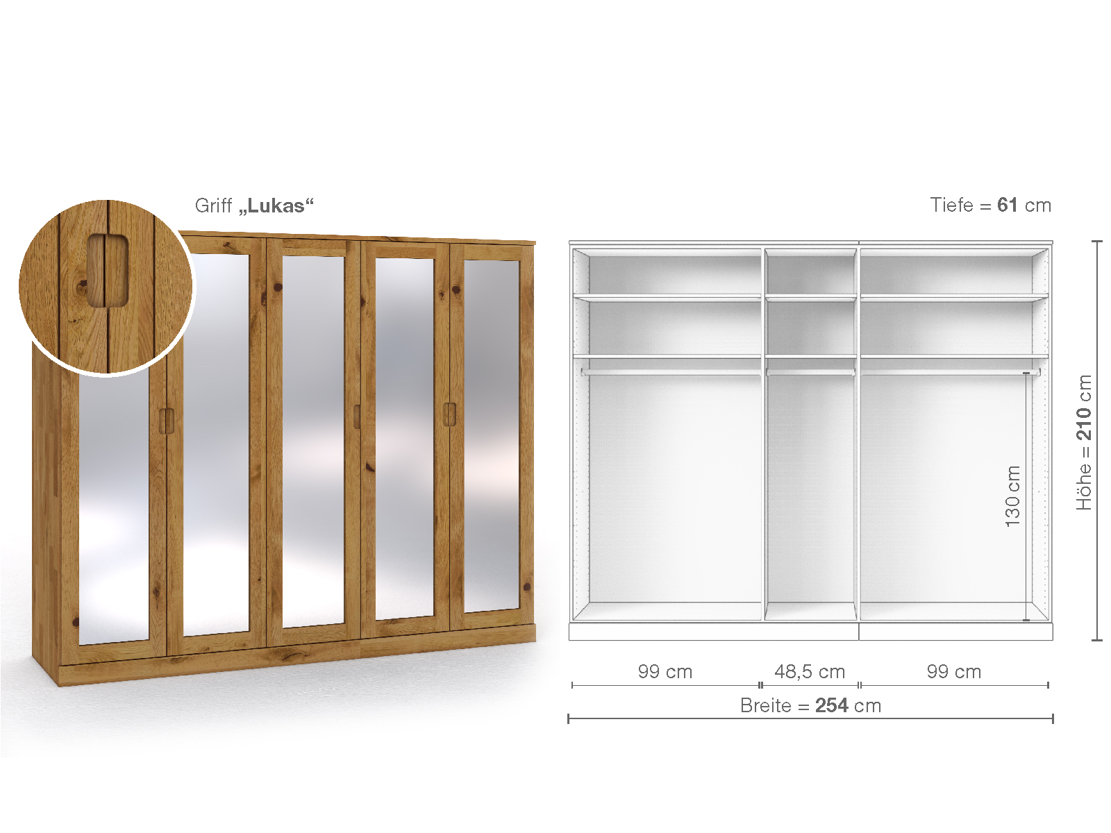 Schrank „Alpenrose“ aus Wildeiche, 5-türig, Höhe 210 cm, Griffausführung „Lukas“, Inneneinrichtung A