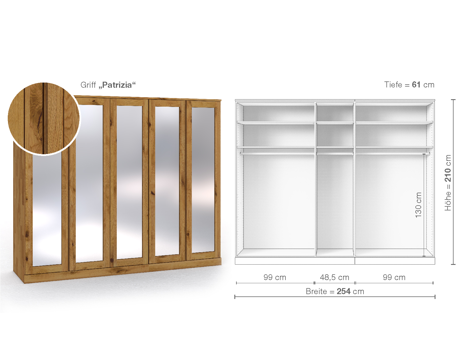 Schrank „Alpenrose“ aus Wildeiche, 5-türig, Höhe 210 cm, Griffausführung „Patrizia“, Inneneinrichtung A