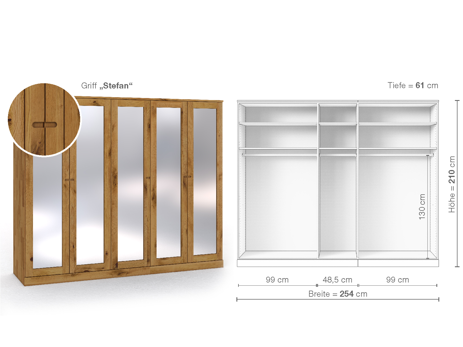 Schrank „Alpenrose“ aus Wildeiche, 5-türig, Höhe 210 cm, Griffausführung „Stefan“, Inneneinrichtung A