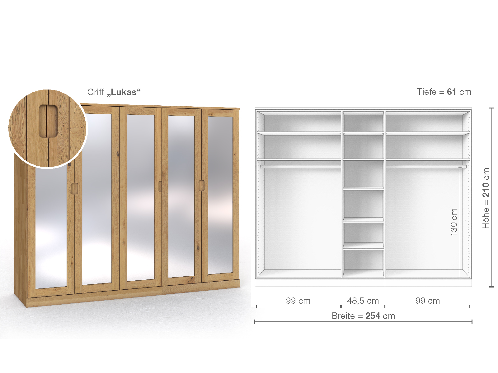 Schrank „Alpenrose“ aus Wildeiche Hell, 5-türig, Höhe 210 cm, Griffausführung „Lukas“, Inneneinrichtung B