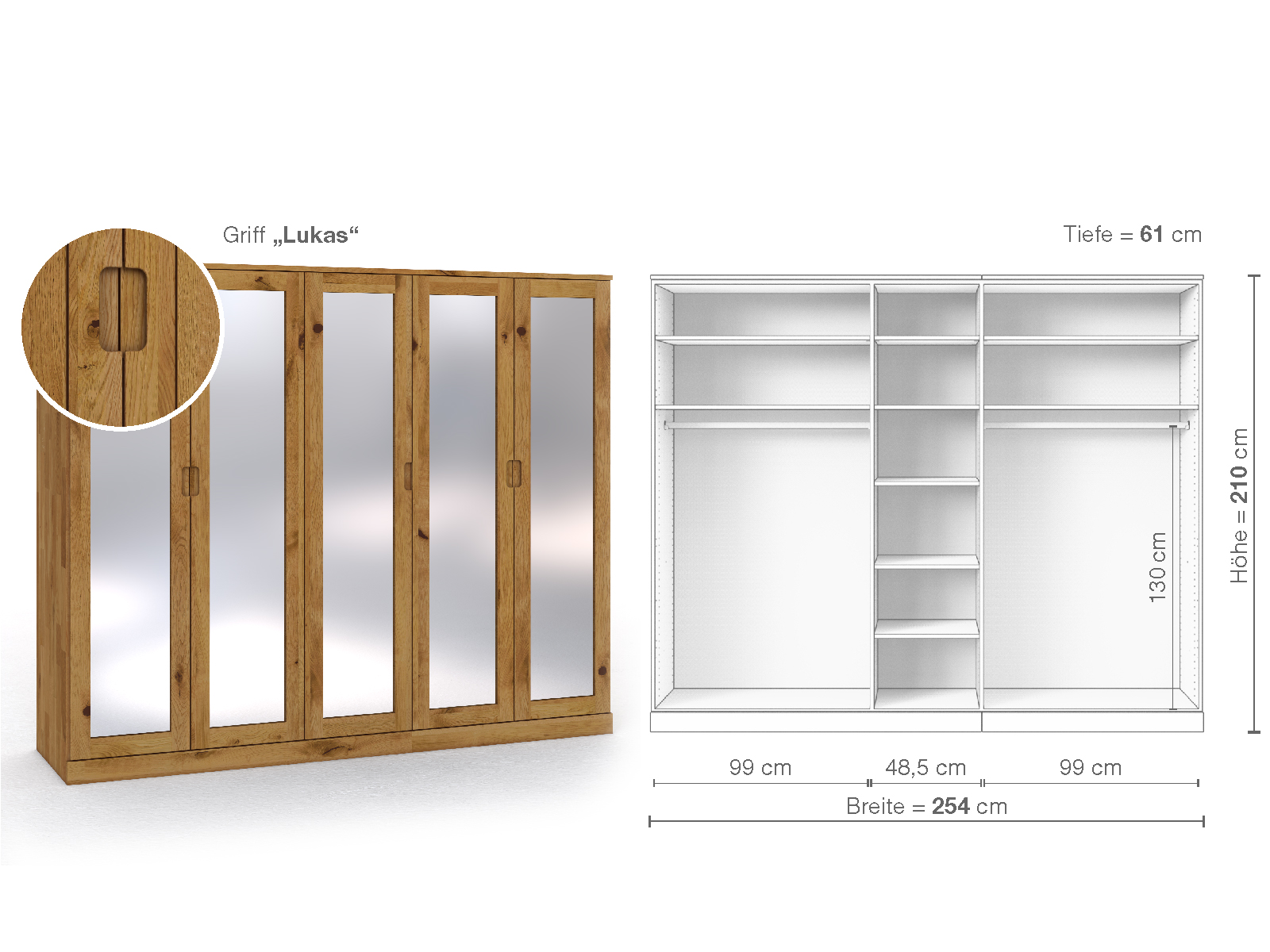 Schrank „Alpenrose“ aus Wildeiche, 5-türig, Höhe 210 cm, Griffausführung „Lukas“, Inneneinrichtung B