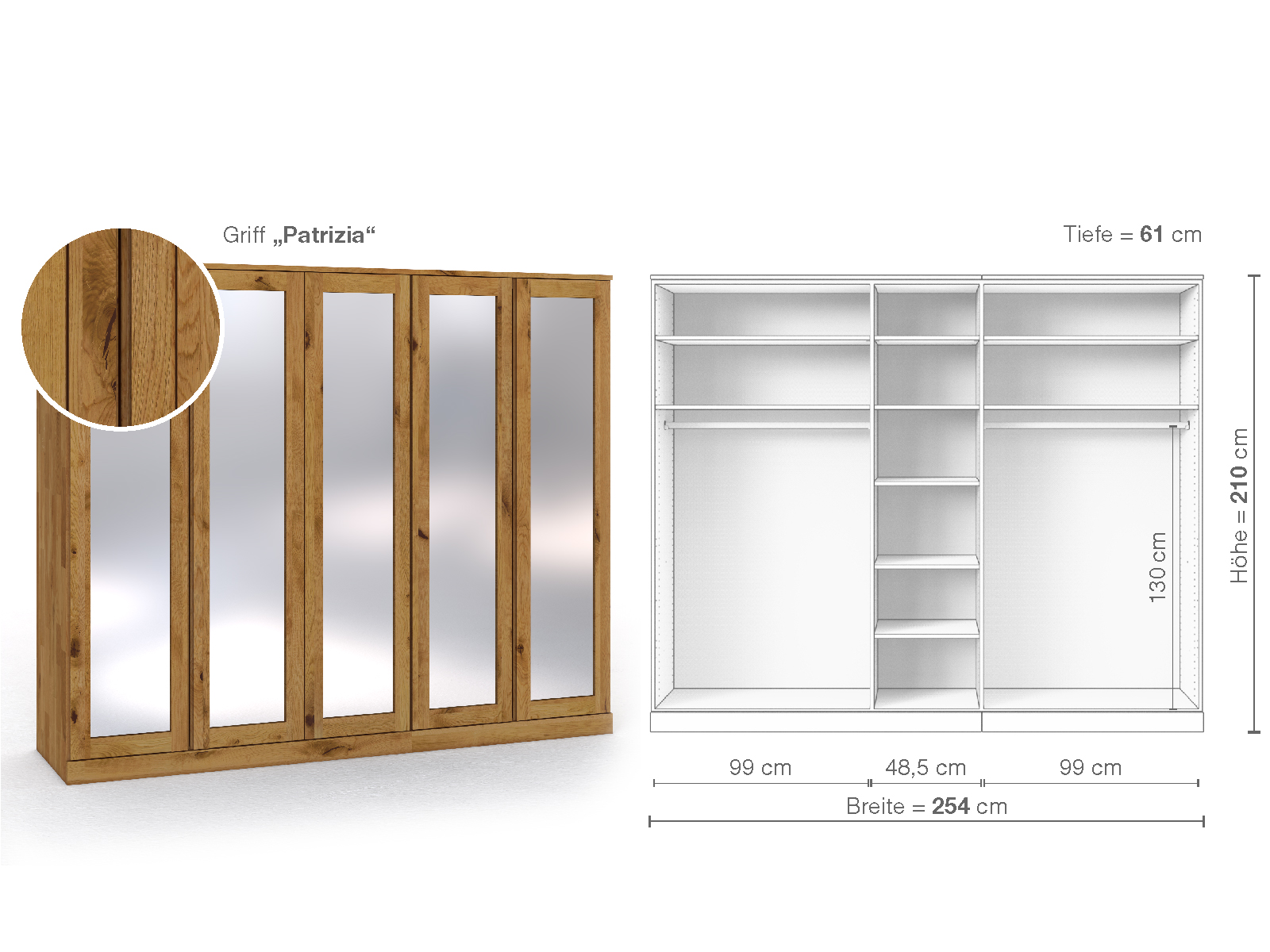 Schrank „Alpenrose“ aus Wildeiche, 5-türig, Höhe 210 cm, Griffausführung „Patrizia“, Inneneinrichtung B