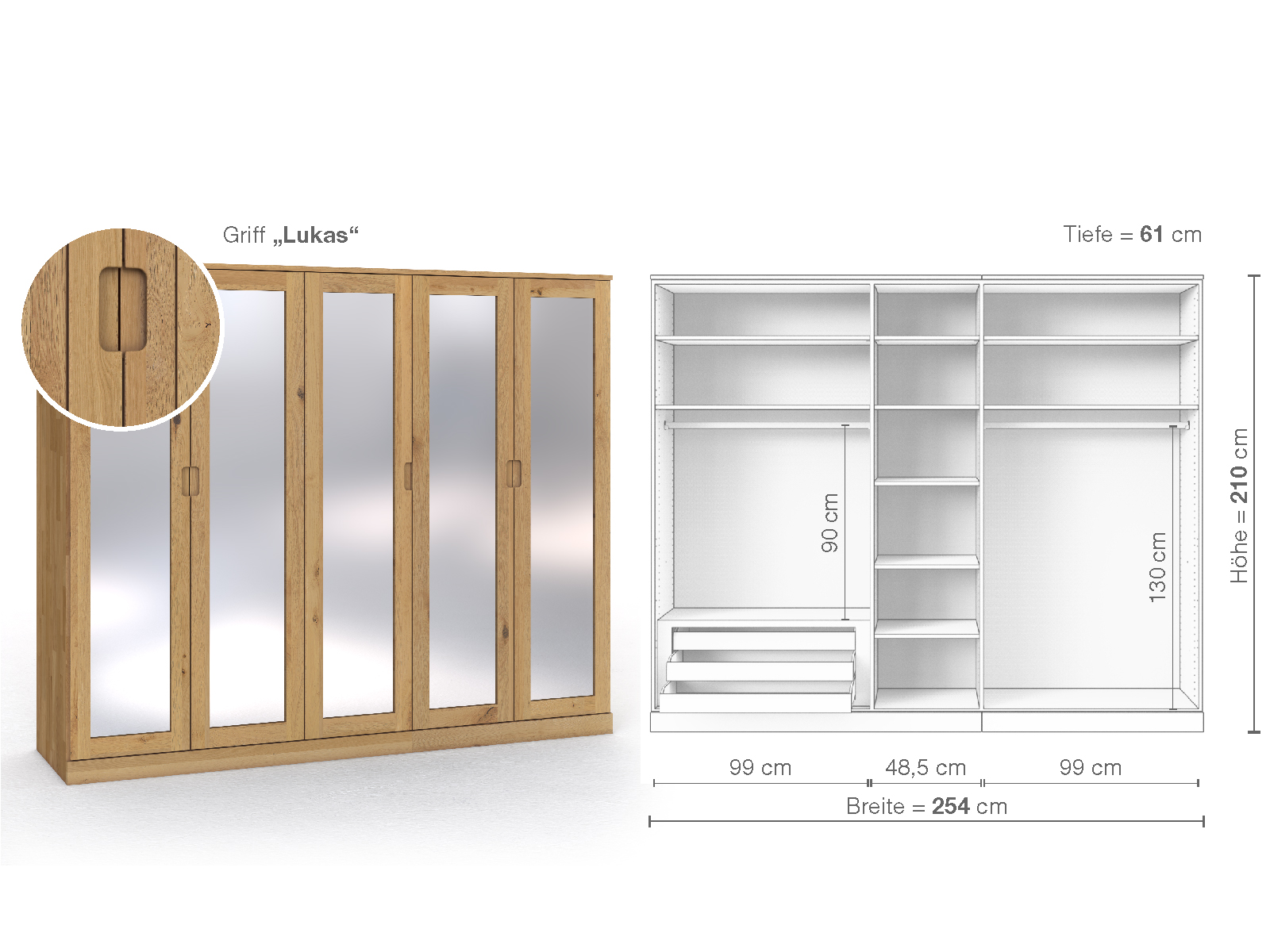 Schrank „Alpenrose“ aus Wildeiche Hell, 5-türig, Höhe 210 cm, Griffausführung „Lukas“, Inneneinrichtung C