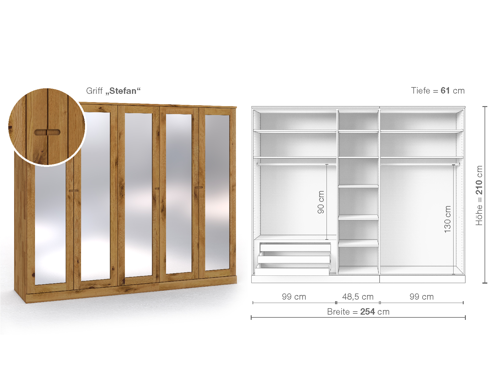 Schrank „Alpenrose“ aus Wildeiche, 5-türig, Höhe 210 cm, Griffausführung „Stefan“, Inneneinrichtung C