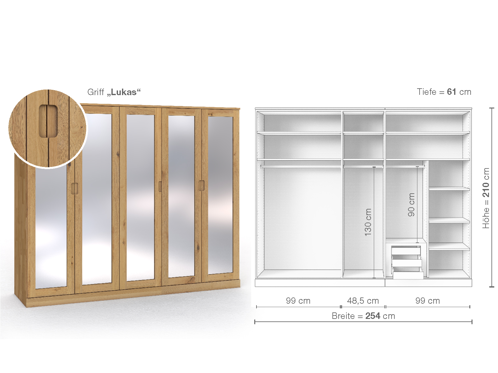 Schrank „Alpenrose“ aus Wildeiche Hell, 5-türig, Höhe 210 cm, Griffausführung „Lukas“, Inneneinrichtung D