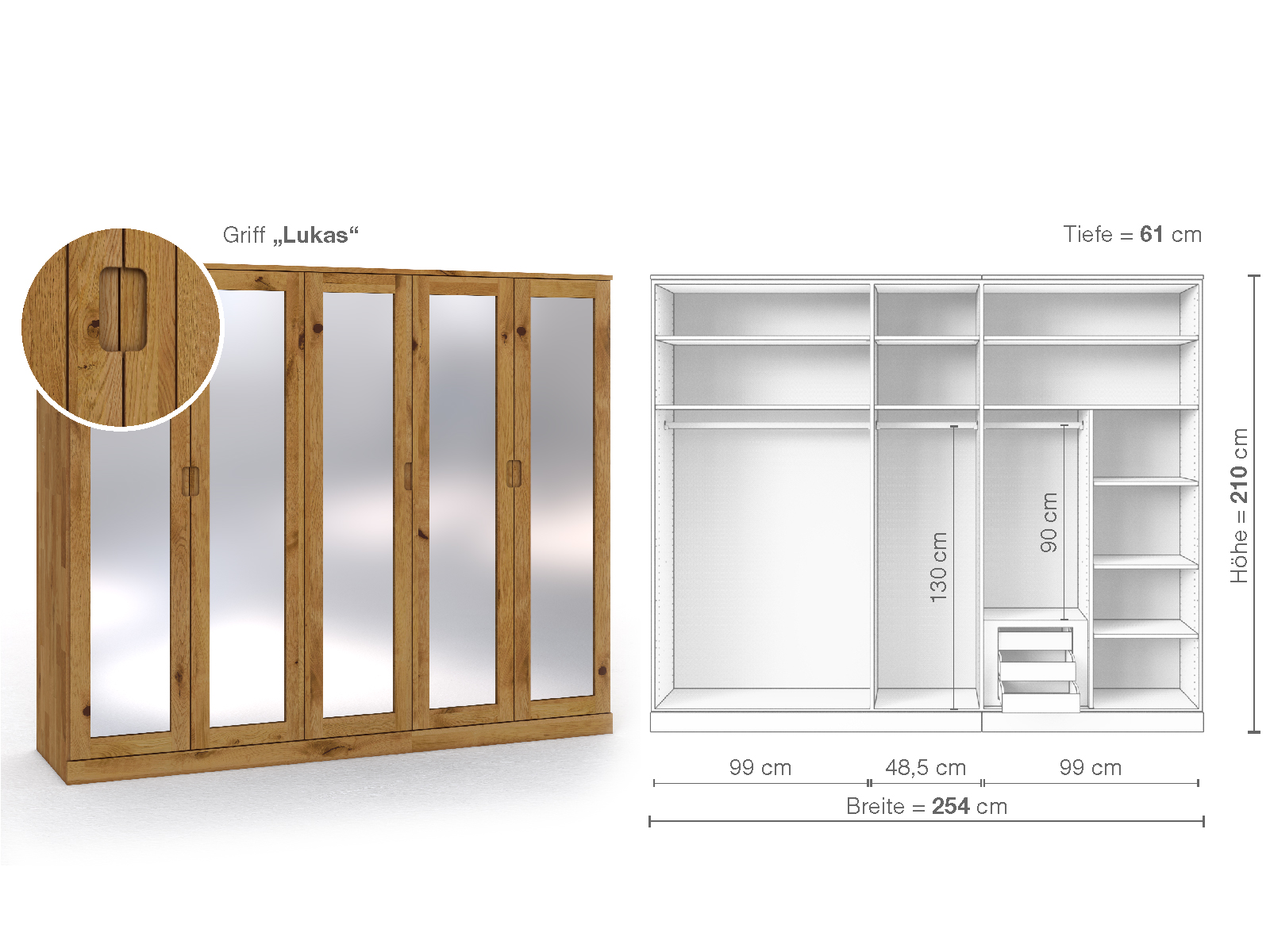 Schrank „Alpenrose“ aus Wildeiche, 5-türig, Höhe 210 cm, Griffausführung „Lukas“, Inneneinrichtung D