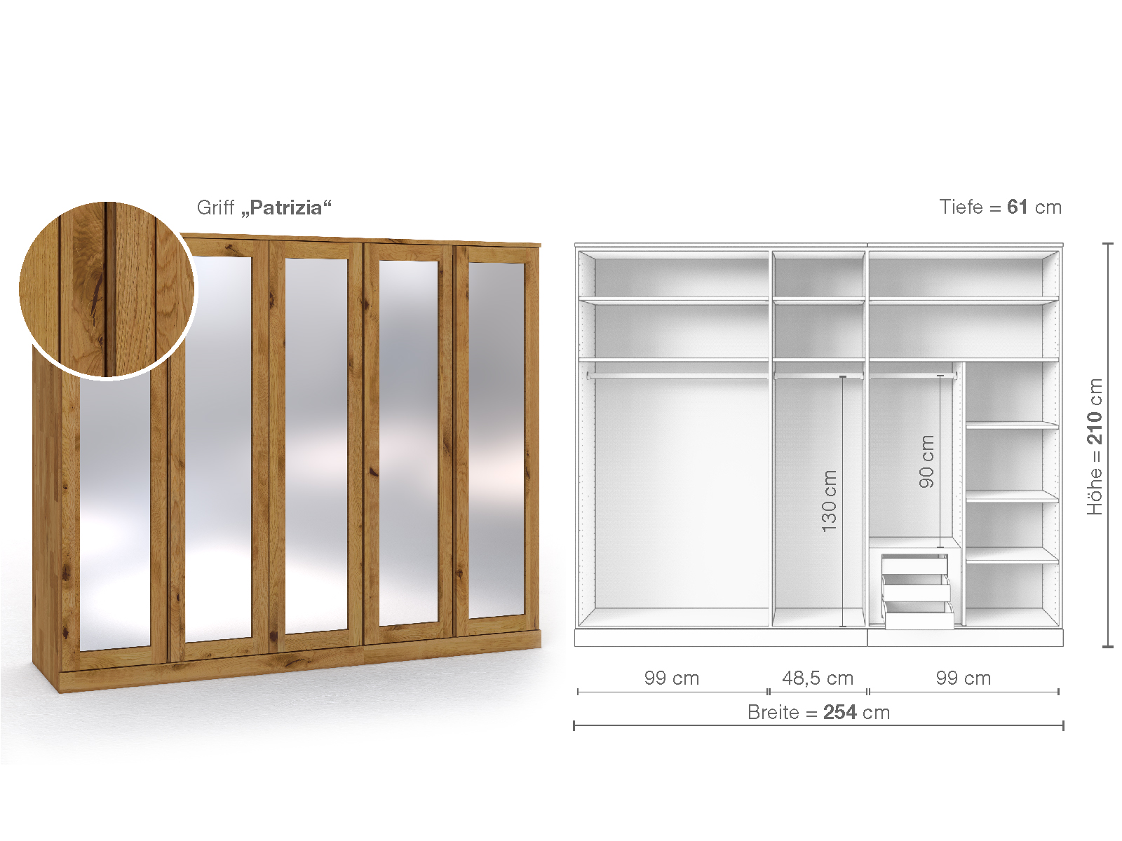 Schrank „Alpenrose“ aus Wildeiche, 5-türig, Höhe 210 cm, Griffausführung „Patrizia“, Inneneinrichtung D