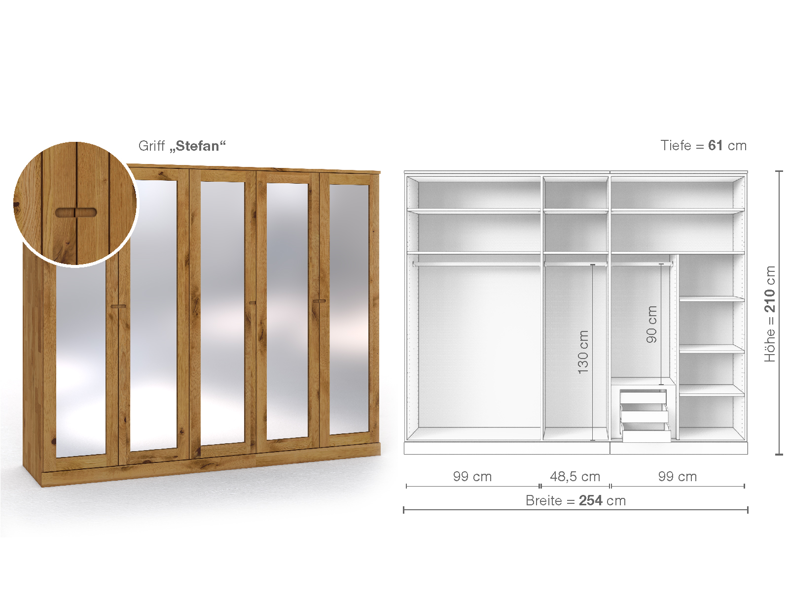 Schrank „Alpenrose“ aus Wildeiche, 5-türig, Höhe 210 cm, Griffausführung „Stefan“, Inneneinrichtung D