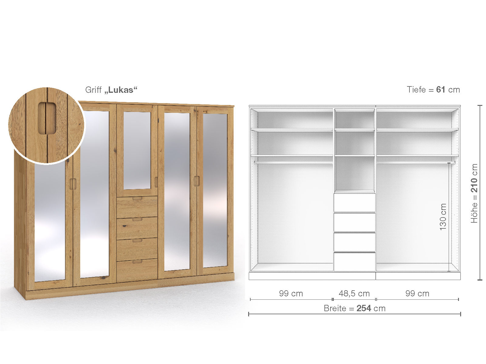 Schrank „Alpenrose“ aus Wildeiche Hell, 5-türig, Höhe 210 cm, Griffausführung „Lukas“, Inneneinrichtung E