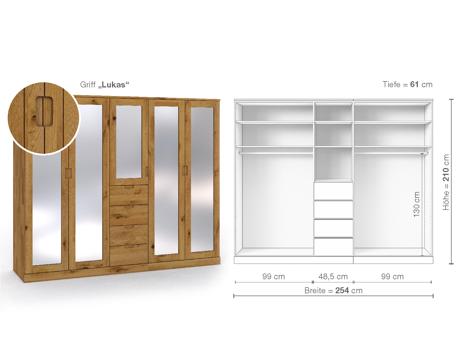 Schrank „Alpenrose“ aus Wildeiche, 5-türig, Höhe 210 cm, Griffausführung „Lukas“, Inneneinrichtung E