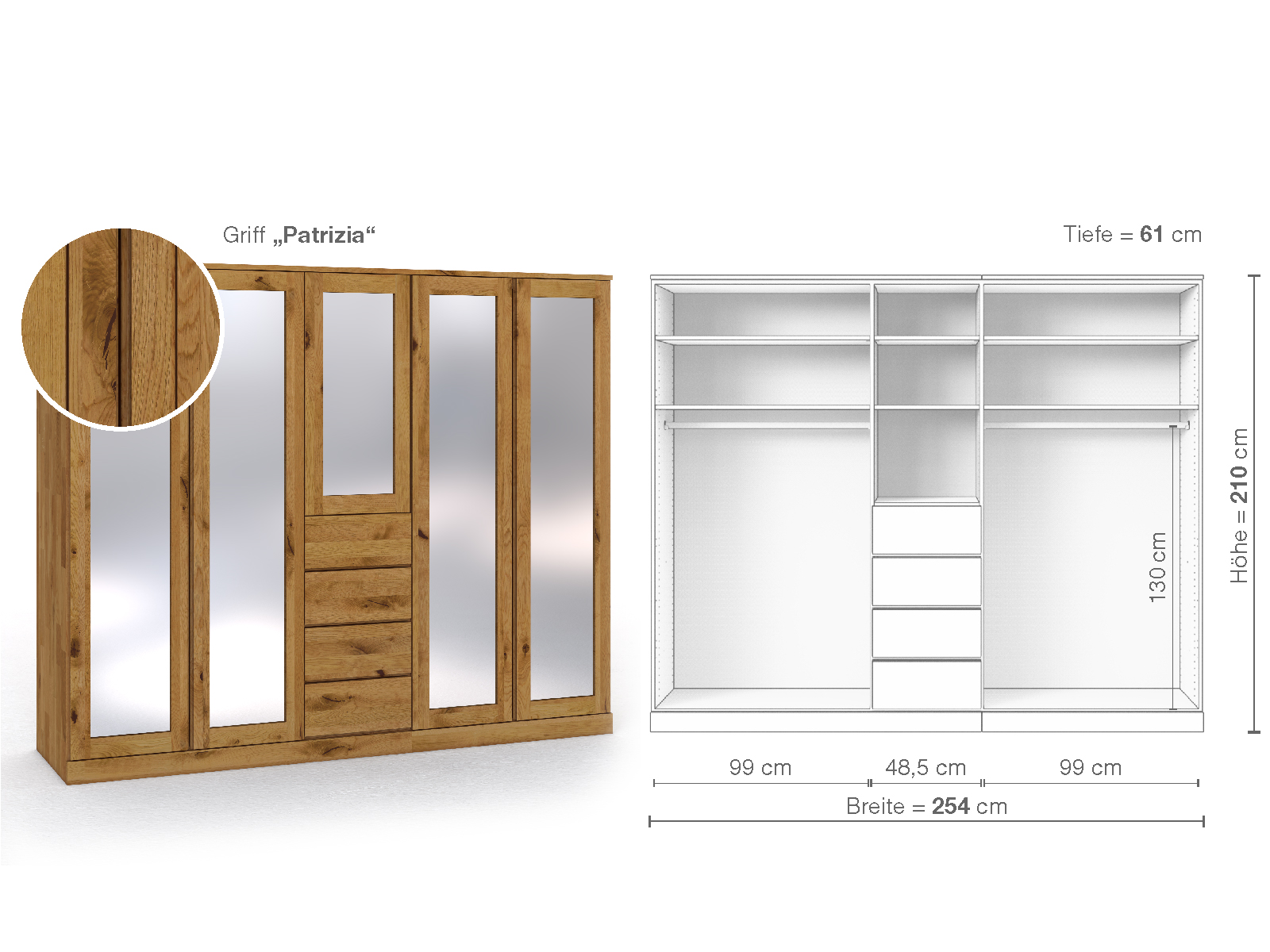 Schrank „Alpenrose“ aus Wildeiche, 5-türig, Höhe 210 cm, Griffausführung „Patrizia“, Inneneinrichtung E