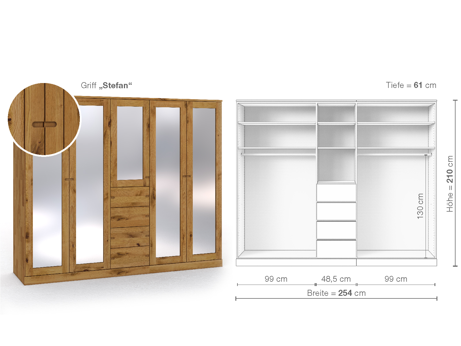 Schrank „Alpenrose“ aus Wildeiche, 5-türig, Höhe 210 cm, Griffausführung „Stefan“, Inneneinrichtung E