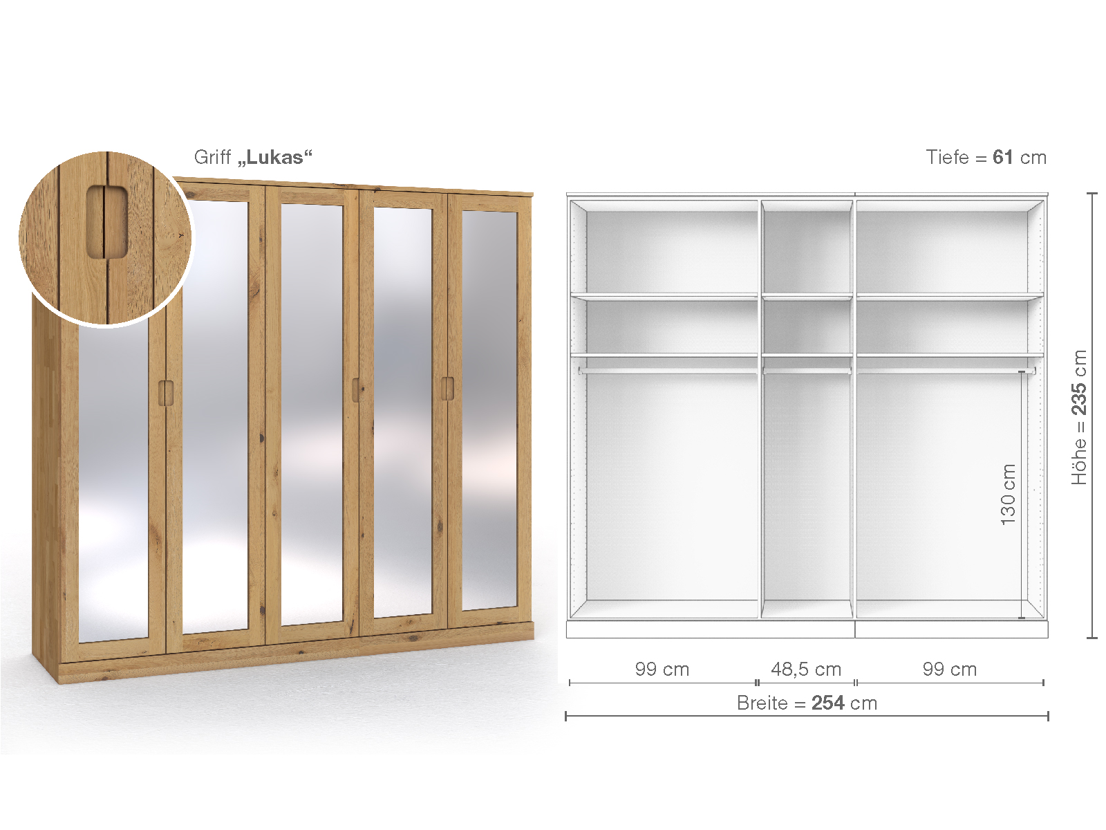 Schrank „Alpenrose“ aus Wildeiche Hell, 5-türig, Höhe 235 cm, Griffausführung „Lukas“, Inneneinrichtung A