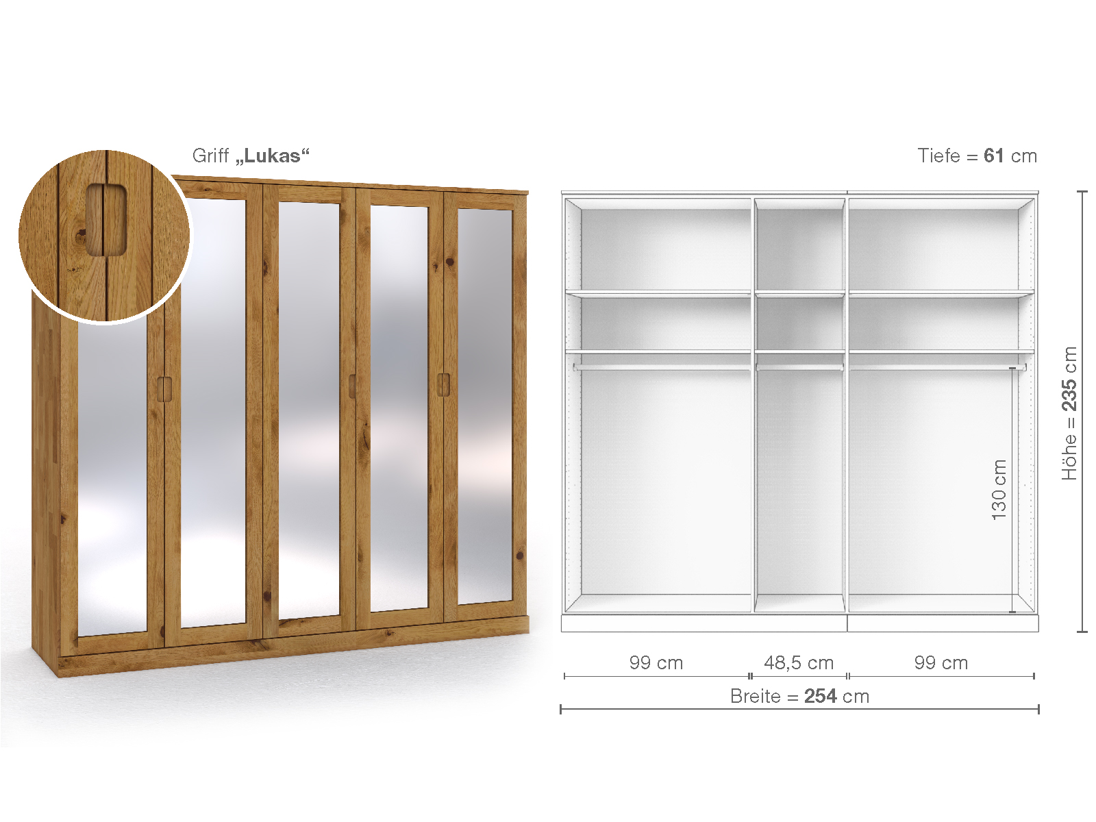 Schrank „Alpenrose“ aus Wildeiche, 5-türig, Höhe 235 cm, Griffausführung „Lukas“, Inneneinrichtung A