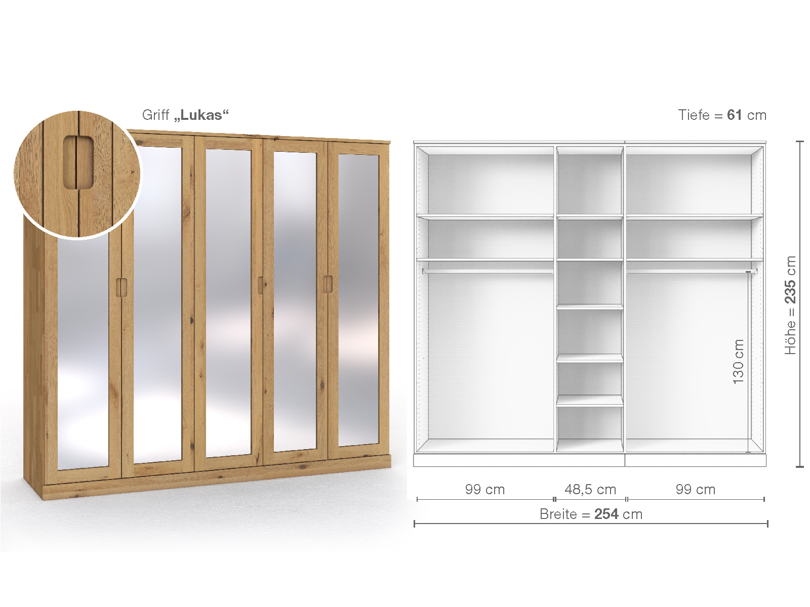 Schrank „Alpenrose“ aus Wildeiche Hell, 5-türig, Höhe 235 cm, Griffausführung „Lukas“, Inneneinrichtung B