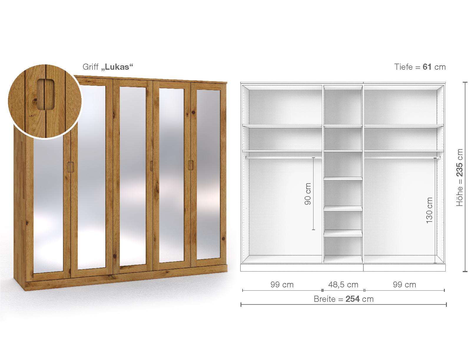 Schrank „Alpenrose“ aus Wildeiche, 5-türig, Höhe 235 cm, Griffausführung „Lukas“, Inneneinrichtung C