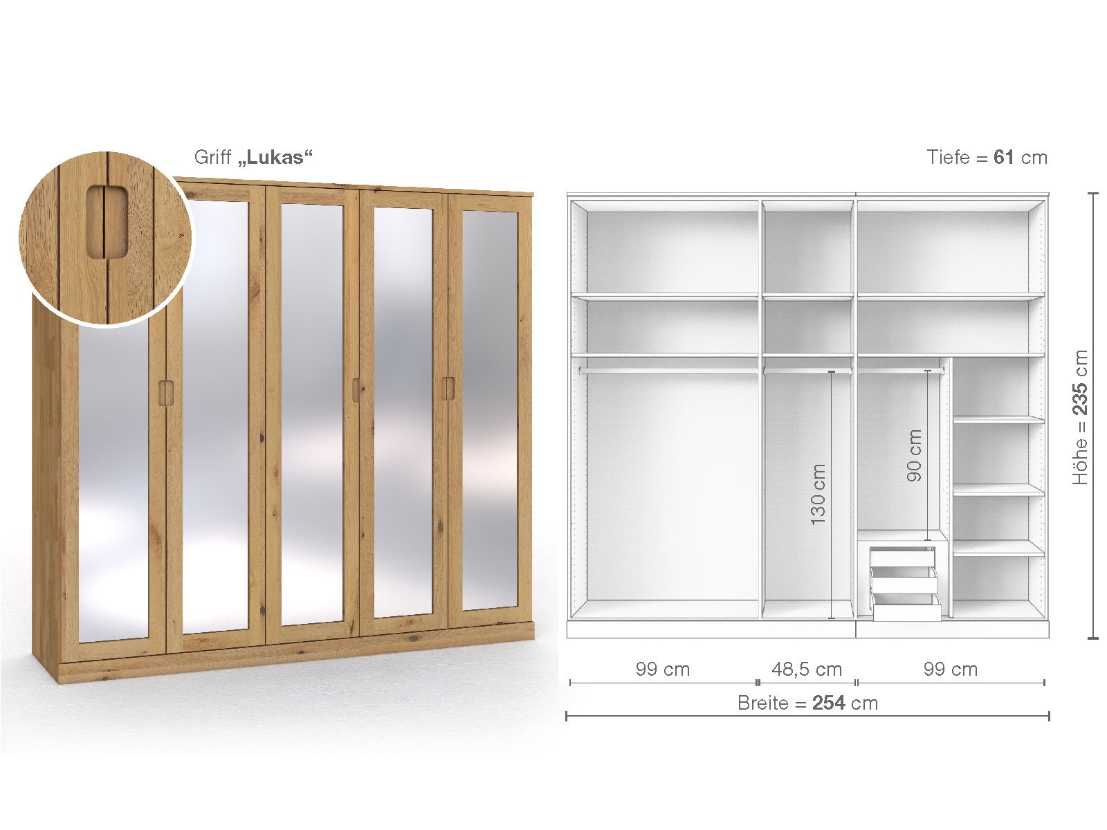 Schrank „Alpenrose“ aus Wildeiche Hell, 5-türig, Höhe 235 cm, Griffausführung „Lukas“, Inneneinrichtung D