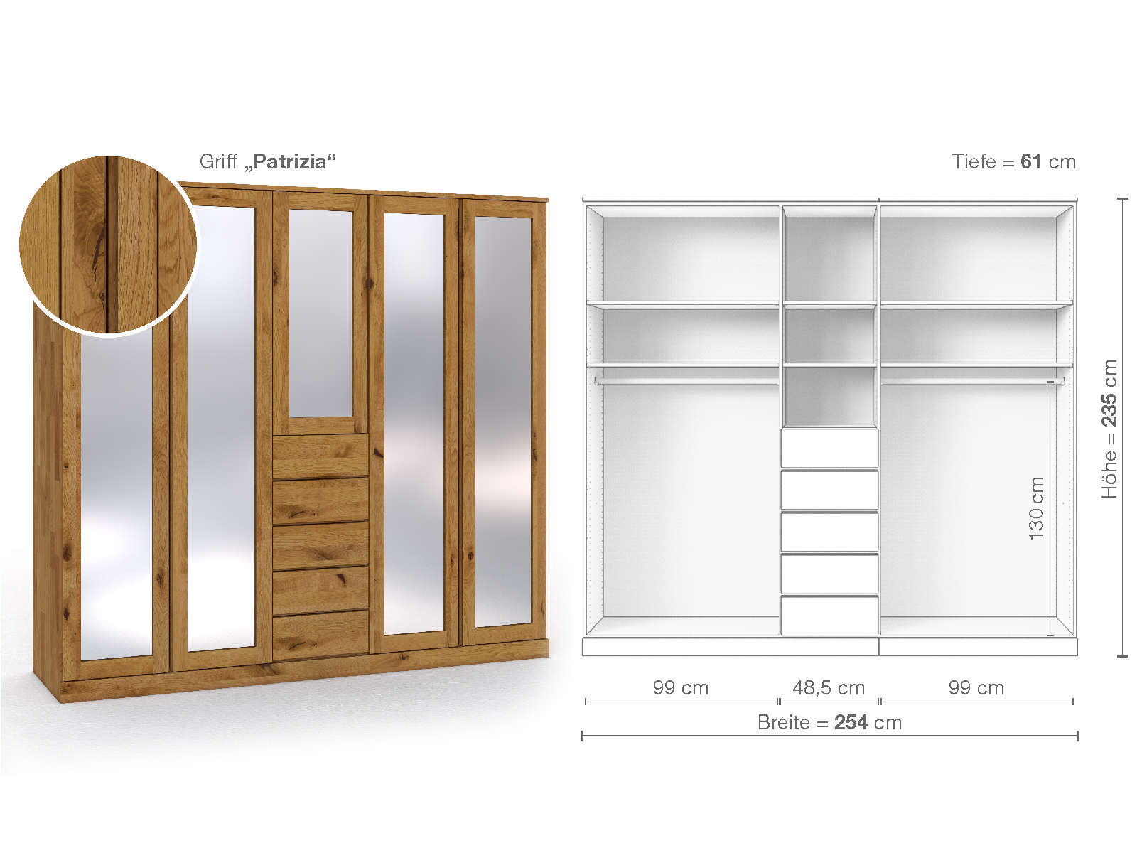 Schrank „Alpenrose“ aus Wildeiche, 5-türig, Höhe 235 cm, Griffausführung „Patrizia“, Inneneinrichtung E