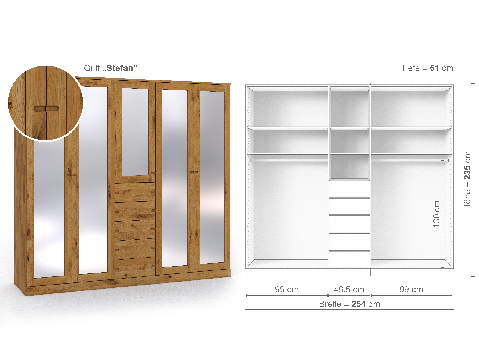 Schrank „Alpenrose“ aus Wildeiche, 5-türig, Höhe 235 cm, Griffausführung „Stefan“, Inneneinrichtung E