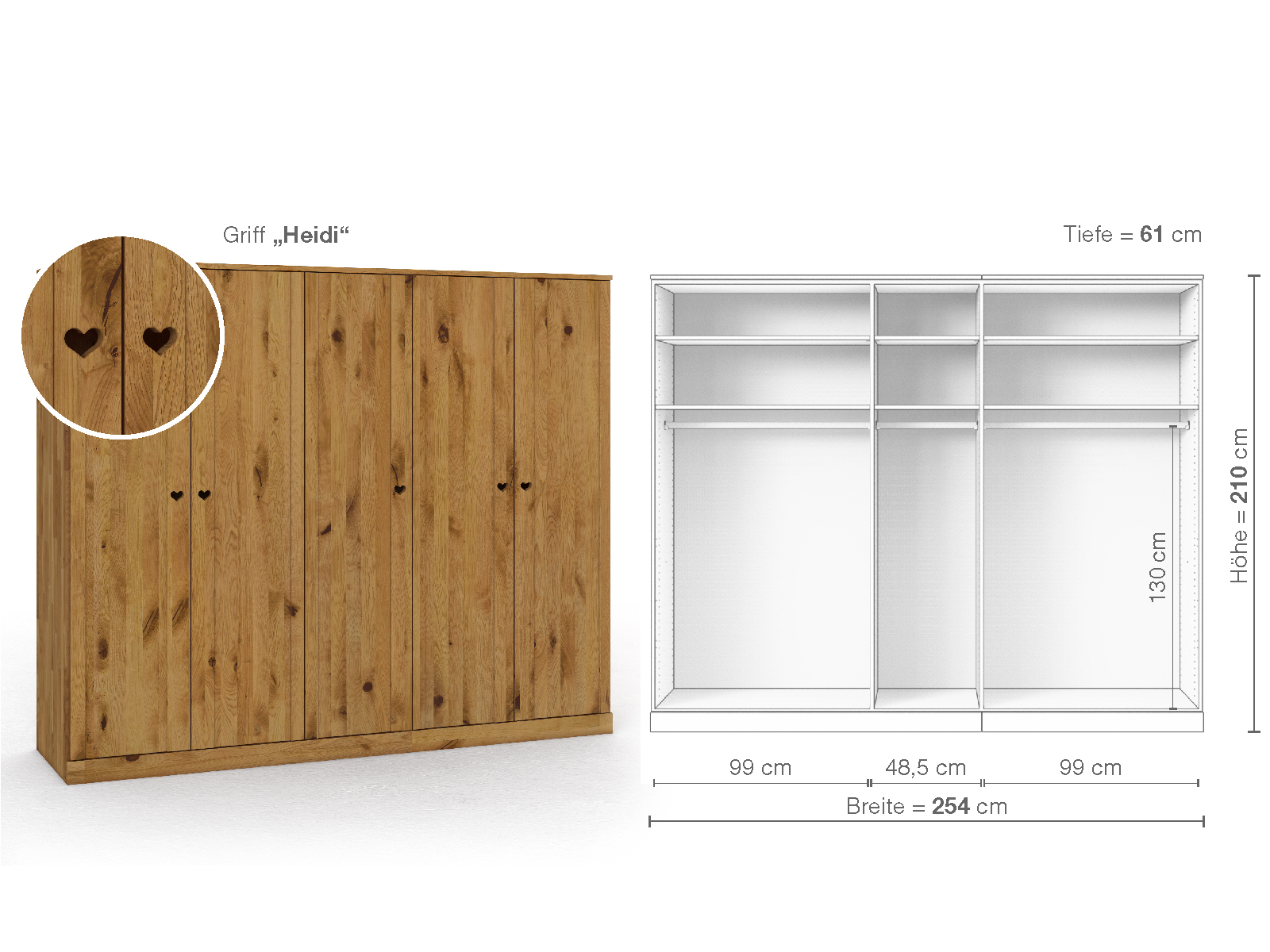 Wildeichenschrank „Arnika“, 5-türig, Höhe 210 cm, Griffausführung „Heidi“, Inneneinrichtung A