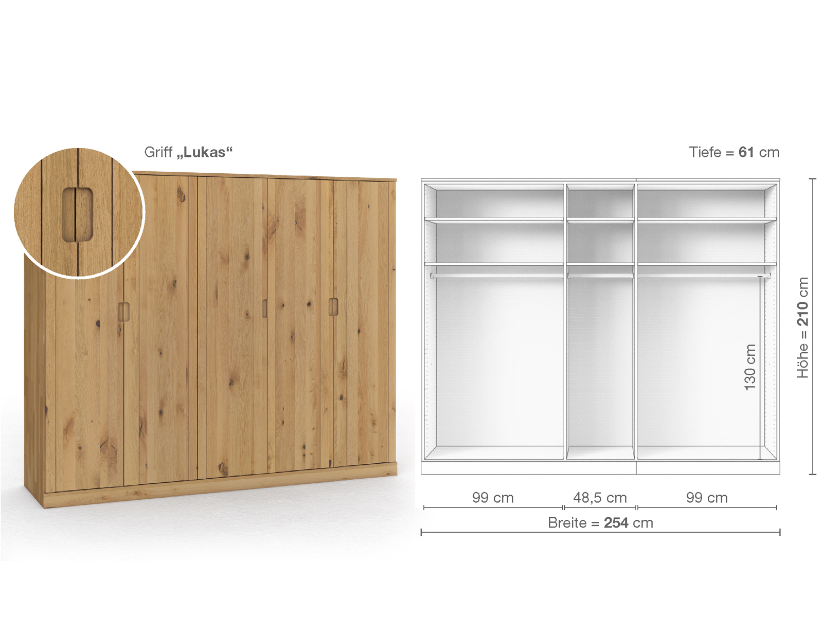 Wildeichenschrank Hell „Arnika“, 5-türig, Höhe 210 cm, Griffausführung „Lukas“, Inneneinrichtung A