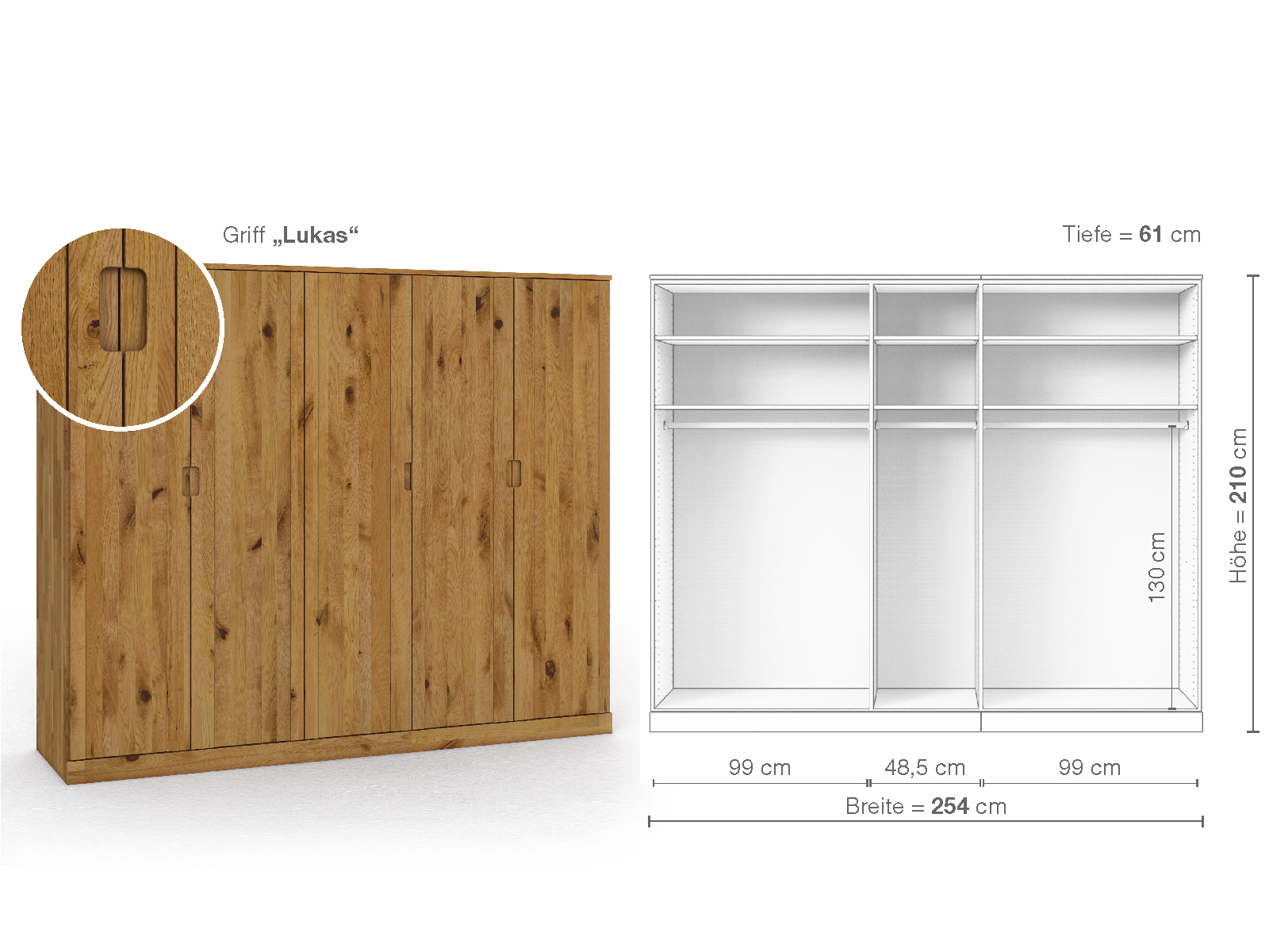 Wildeichenschrank „Arnika“, 5-türig, Höhe 210 cm, Griffausführung „Lukas“, Inneneinrichtung A