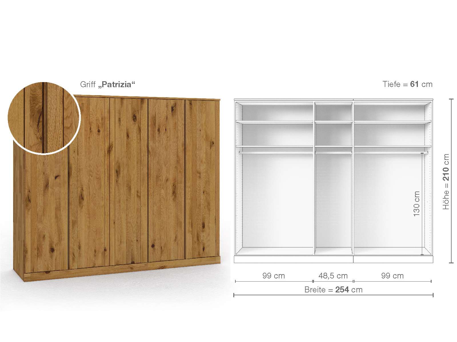 Wildeichenschrank „Arnika“, 5-türig, Höhe 210 cm, Griffausführung „Patrizia“, Inneneinrichtung A