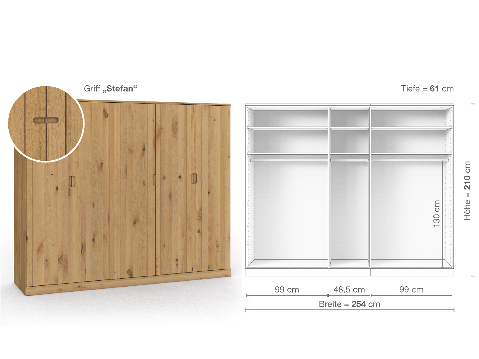 Wildeichenschrank Hell „Arnika“, 5-türig, Höhe 210 cm, Griffausführung „Stefan“, Inneneinrichtung A