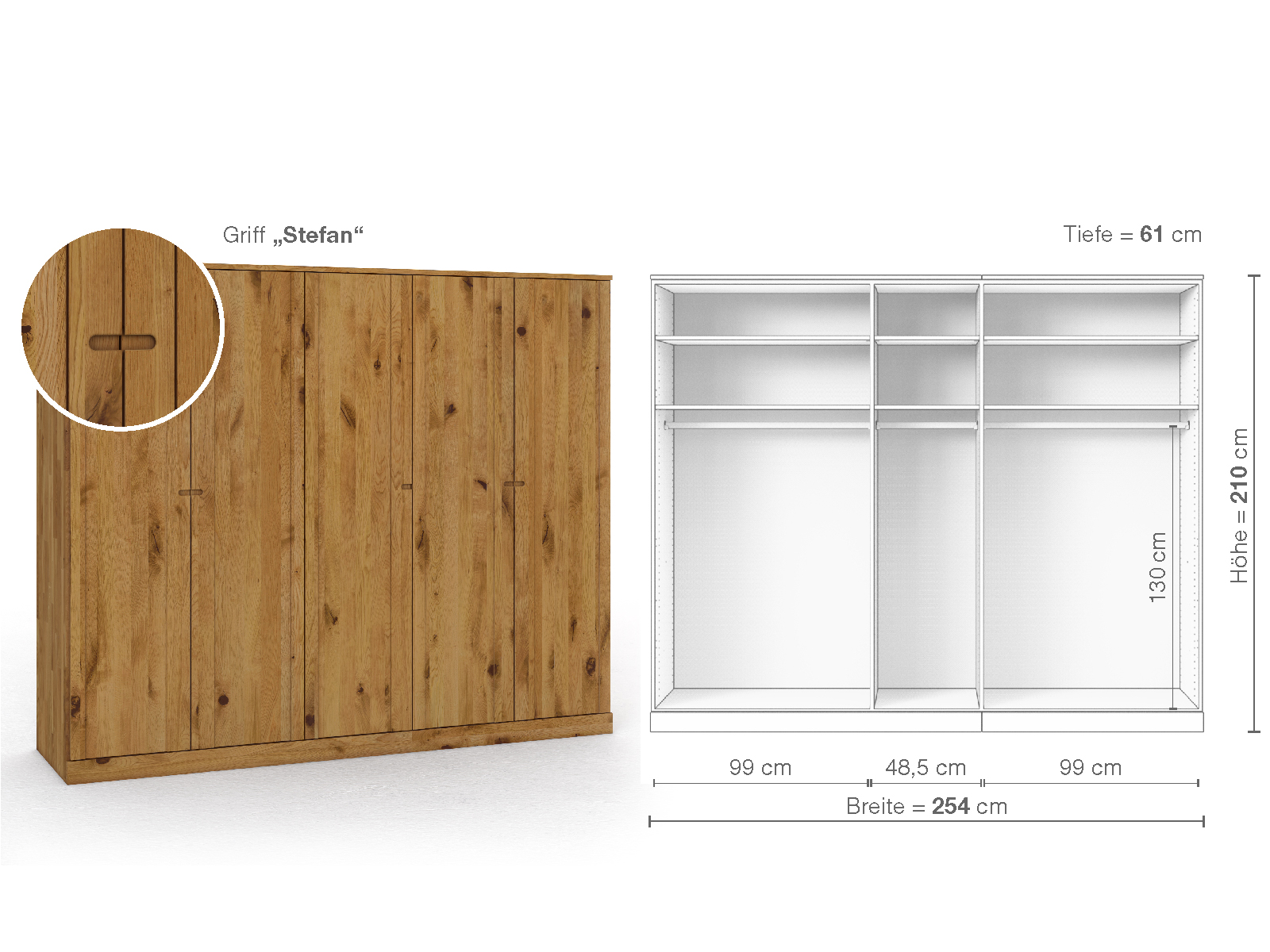 Wildeichenschrank „Arnika“, 5-türig, Höhe 210 cm, Griffausführung „Stefan“, Inneneinrichtung A