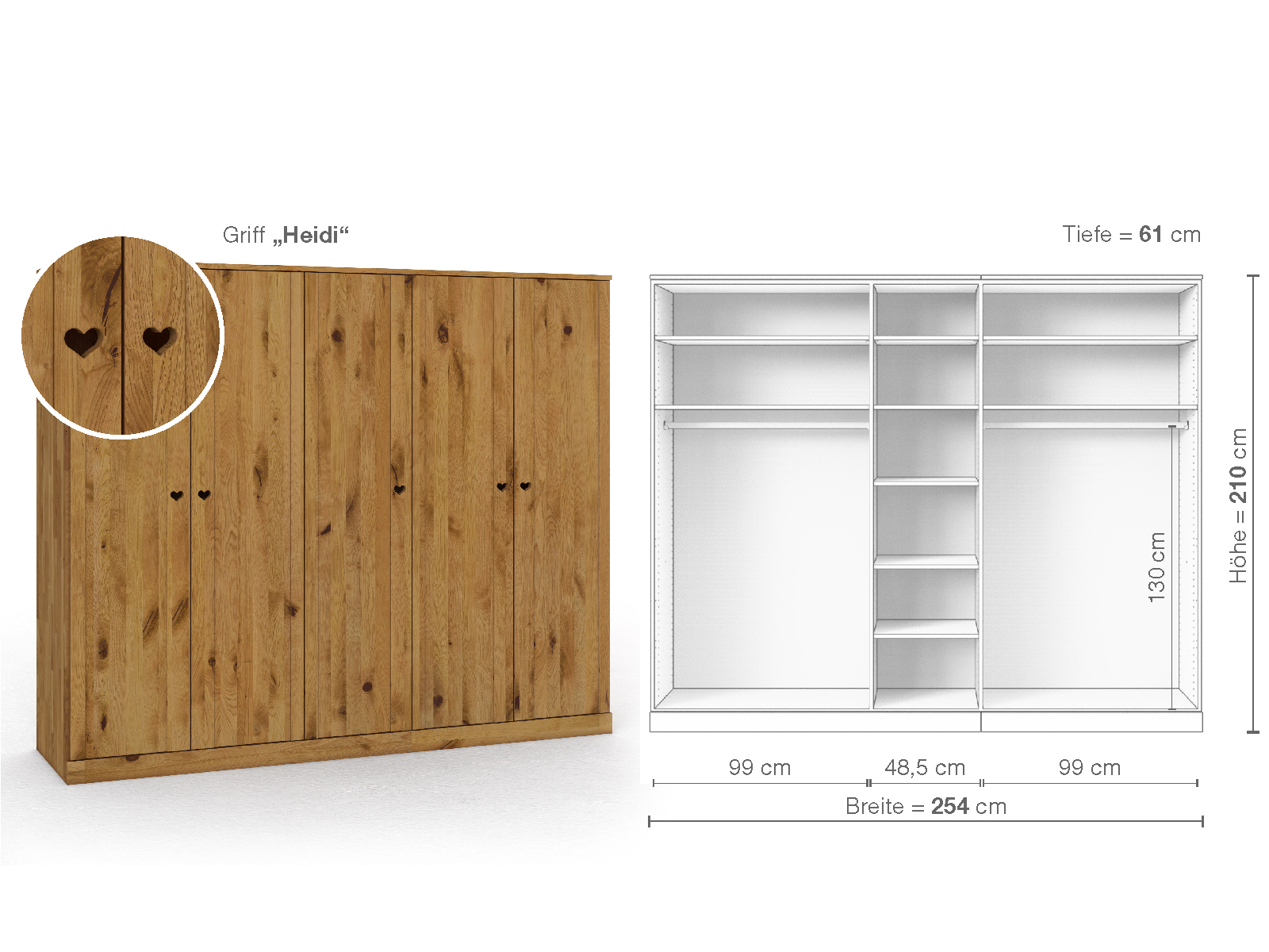 Wildeichenschrank „Arnika“, 5-türig, Höhe 210 cm, Griffausführung „Heidi“, Inneneinrichtung B