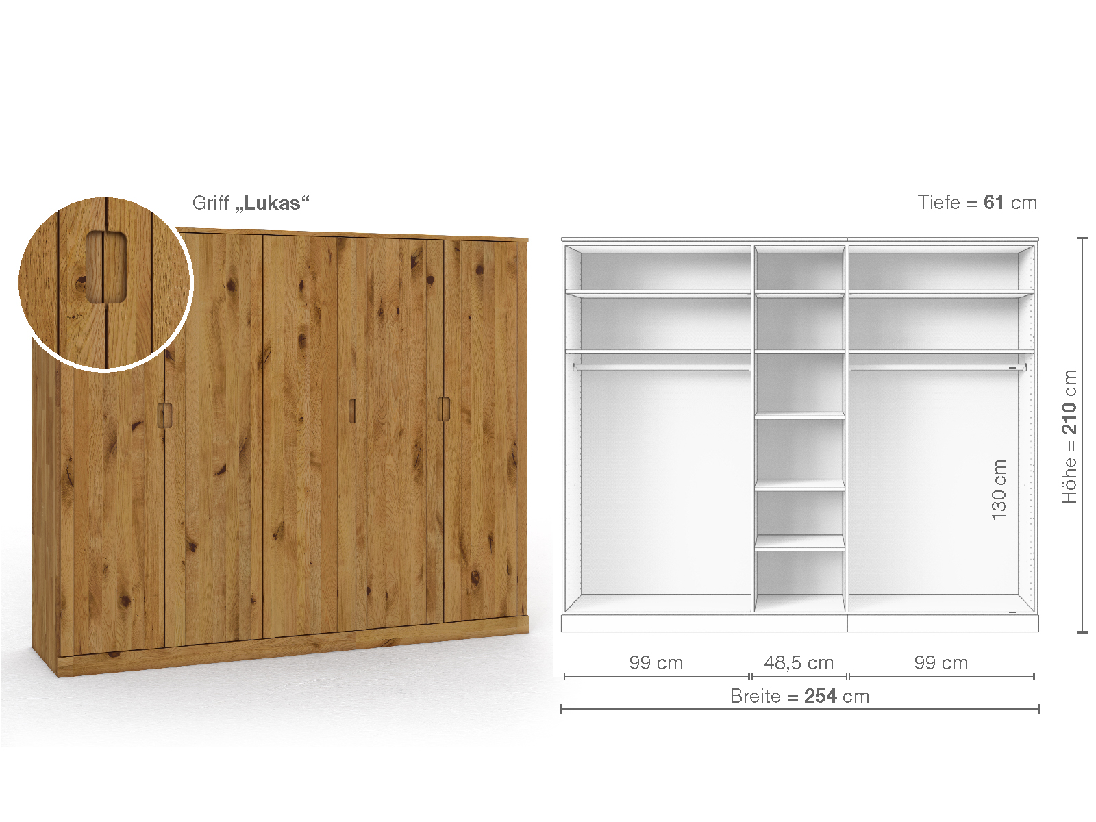 Wildeichenschrank „Arnika“, 5-türig, Höhe 210 cm, Griffausführung „Lukas“, Inneneinrichtung B