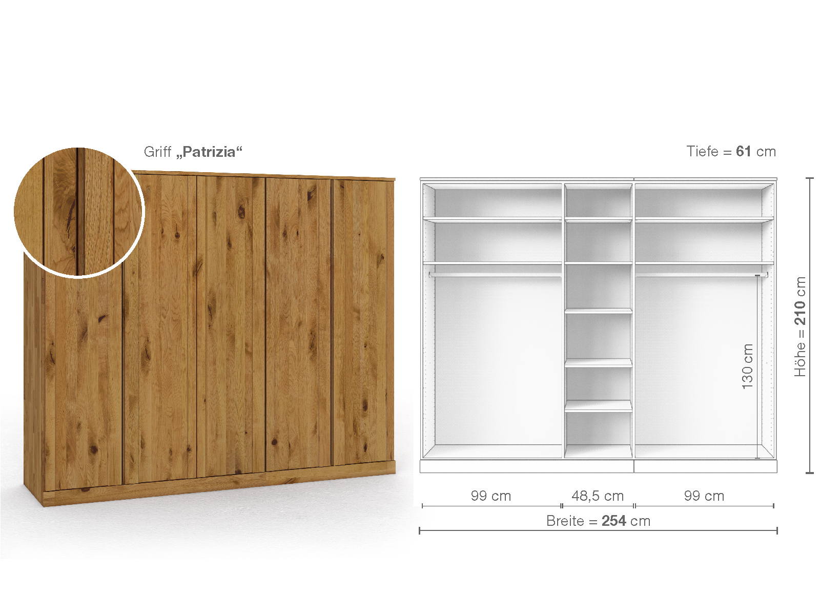 Wildeichenschrank „Arnika“, 5-türig, Höhe 210 cm, Griffausführung „Patrizia“, Inneneinrichtung B